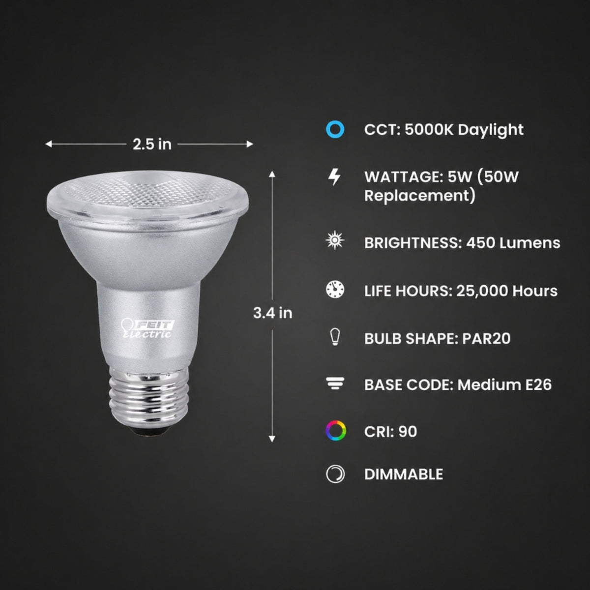5W (50W Replacement) Daylight (5000K) E26 Base PAR20 Dimmable Enhance Reflector LED