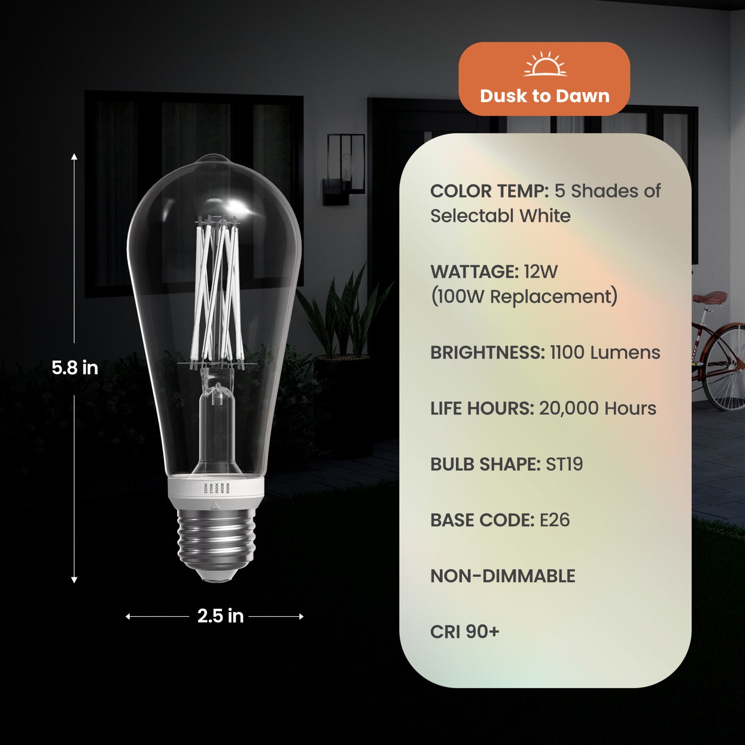 12W (100W Replacement) ST19 E26 Twist & Select Dusk to Dawn Non-Dimmable White Filament LED Bulb, Selectable White