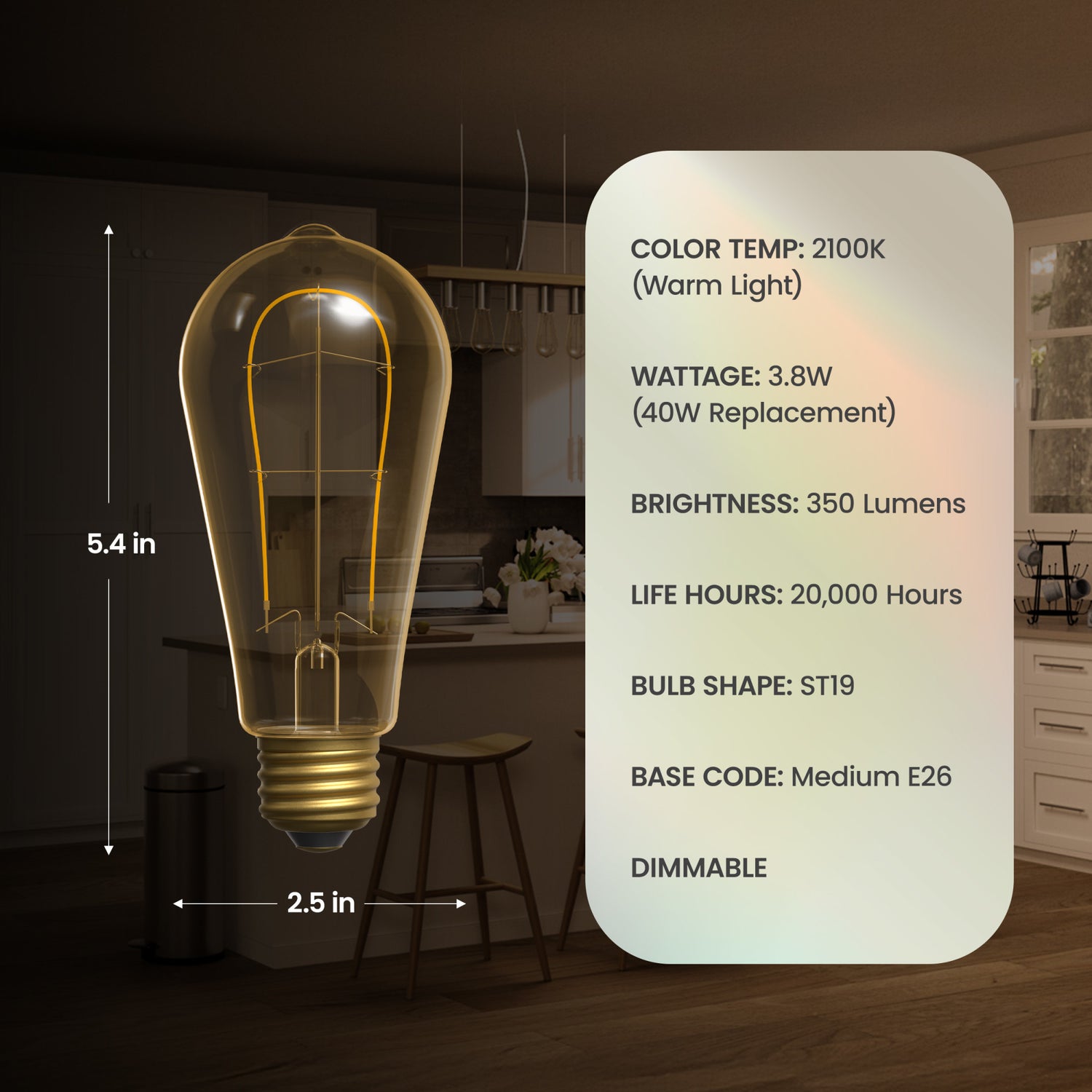 3.8W (40W Replacement) Amber ST19 E26 Dimmable Vintage U Filament Edison LED Bulb, Warm Light (2-Pack)