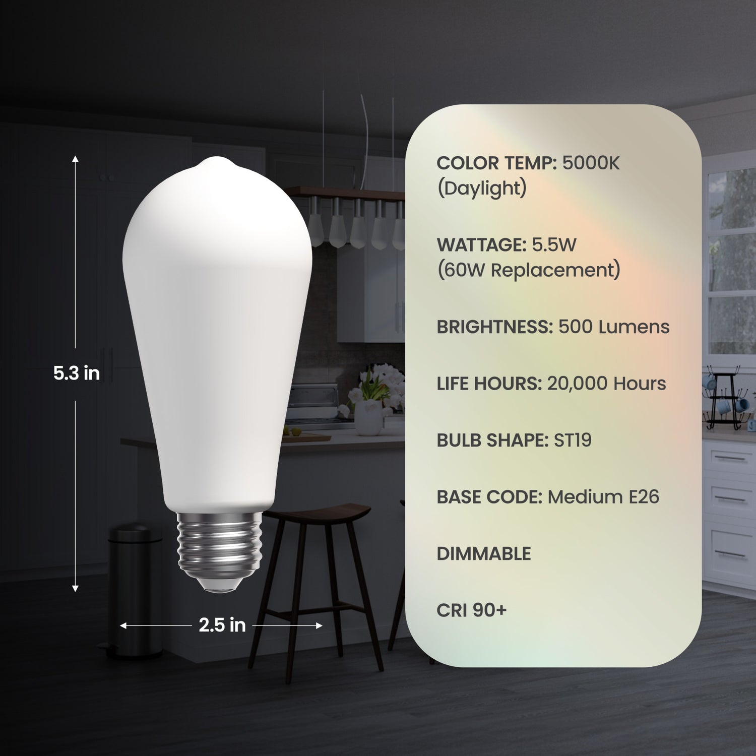 5.5W (60W Replacement) ST19 E26 Dimmable Porcelain Edison LED Bulb, Daylight (2-Pack)