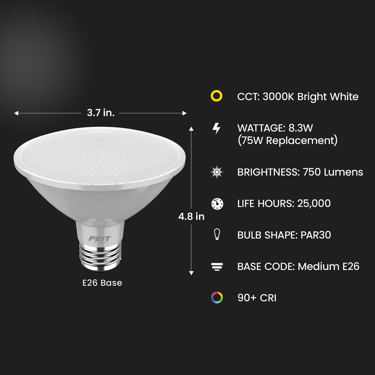 8.3W (75W Replacement) Bright White (3000K) E26 Base PAR30 Short Neck Dimmable Enhance Reflector LED