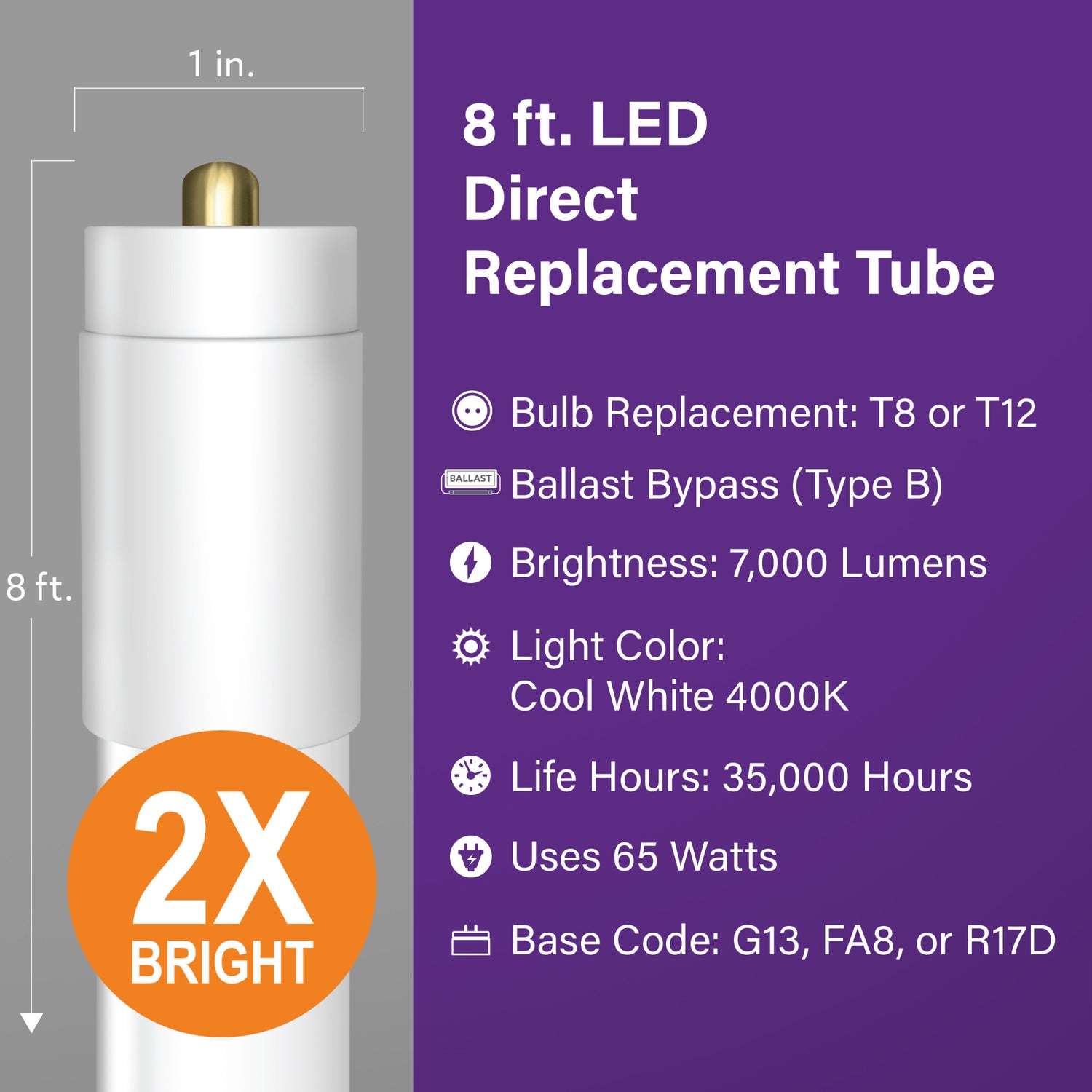 8 ft.  65W T8 Cool White (4000K) G13 Base Type B HO LED Linear Tube with R17d and FA8 Adapters (2-Pack)