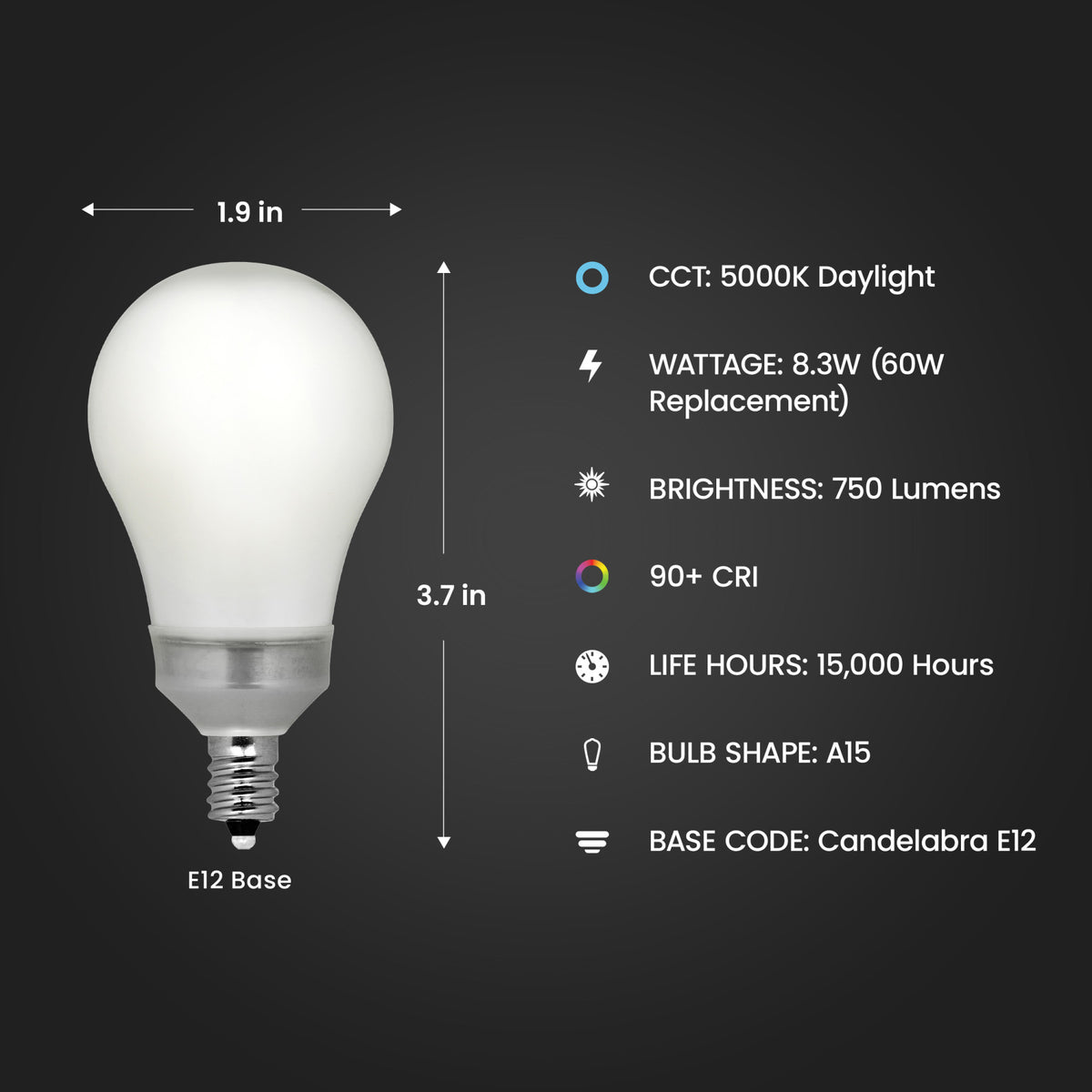 8.3W (60W Replacement) Daylight (5000K) A15 Candelabra Base Dimmable Glass Filament Enhance LED Bulb (2-Pack)