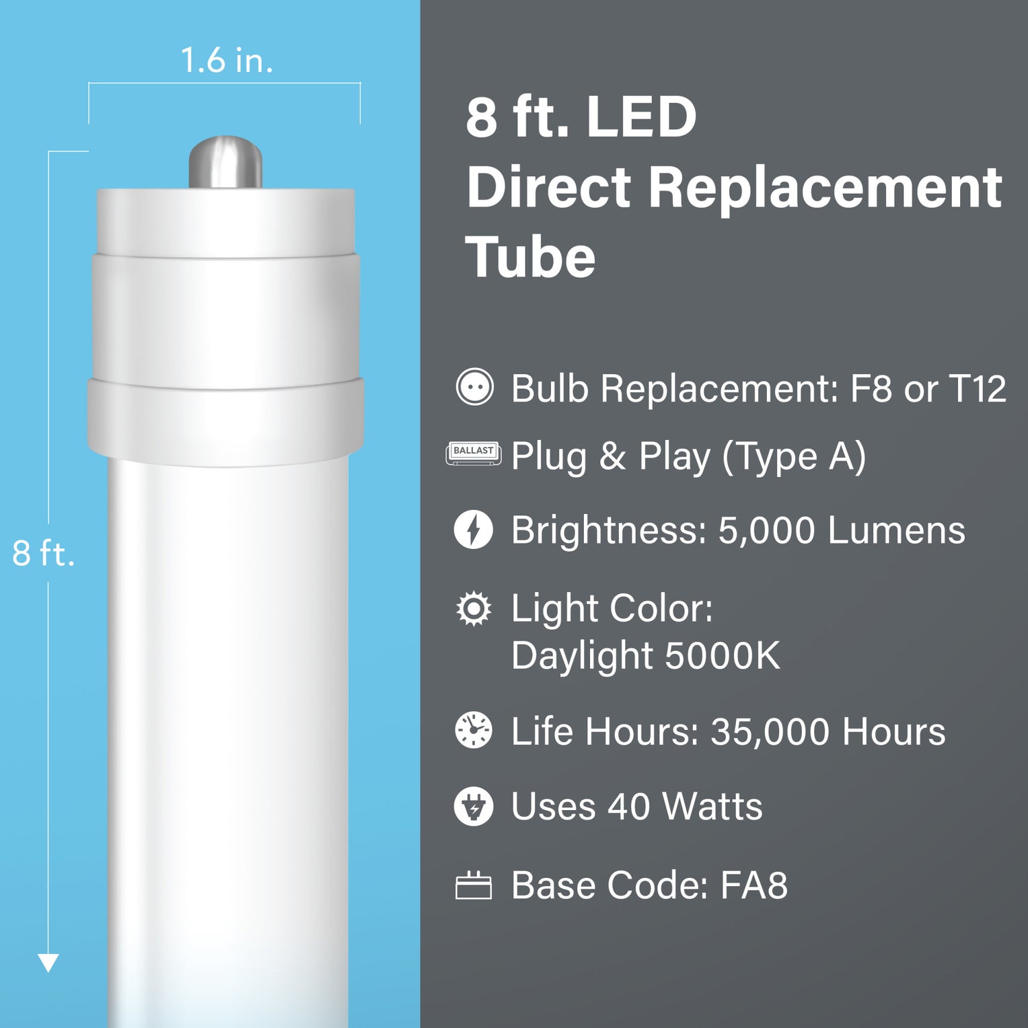 8 ft. 40W (75W Replacement) Daylight (5000K) FA8 Base T12 Direct Replacement (Type A) LED Linear Tube (2-Pack)