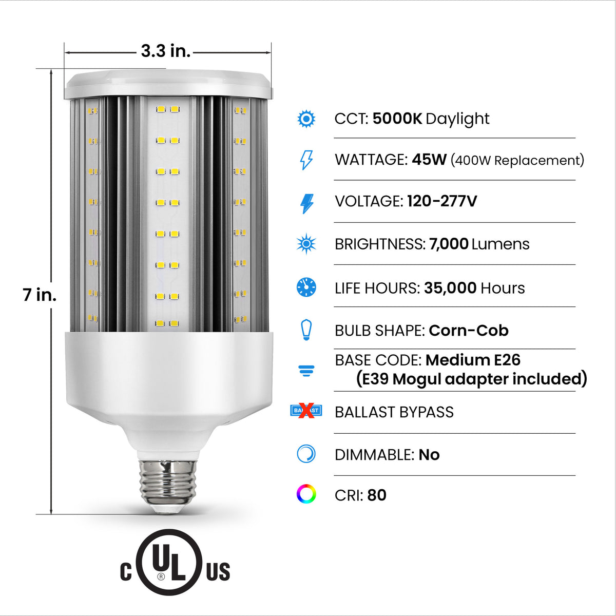45W (400W Replacement) Daylight (5000K) Corn Cob E26 Base with E39 Mogul Adapter High Lumen HID Utility LED Light Bulb