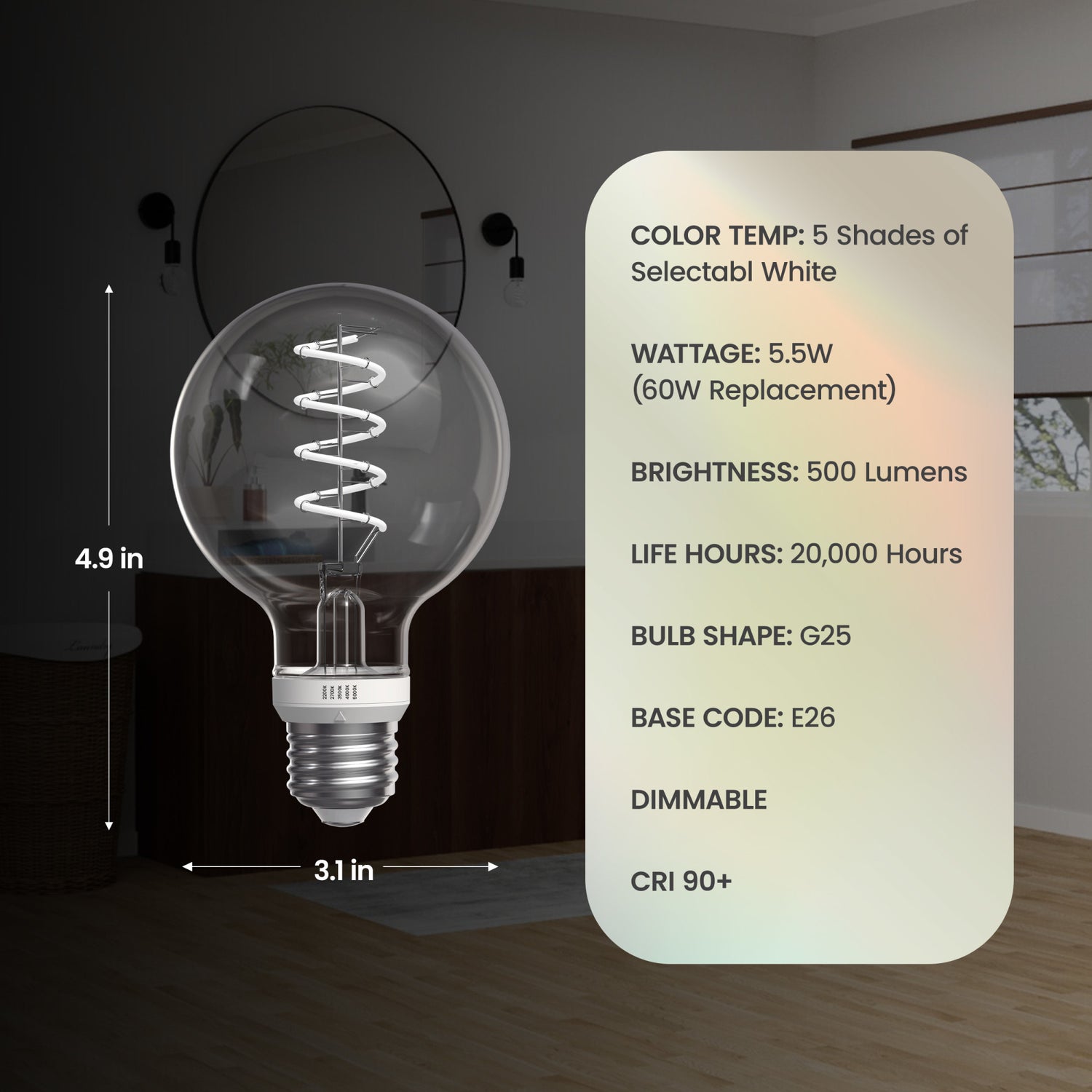 5.5W (60W Replacement) Twist & Select G25 Globe E26 Dimmable Spiral White Filament Clear Glass Globe LED Bulb