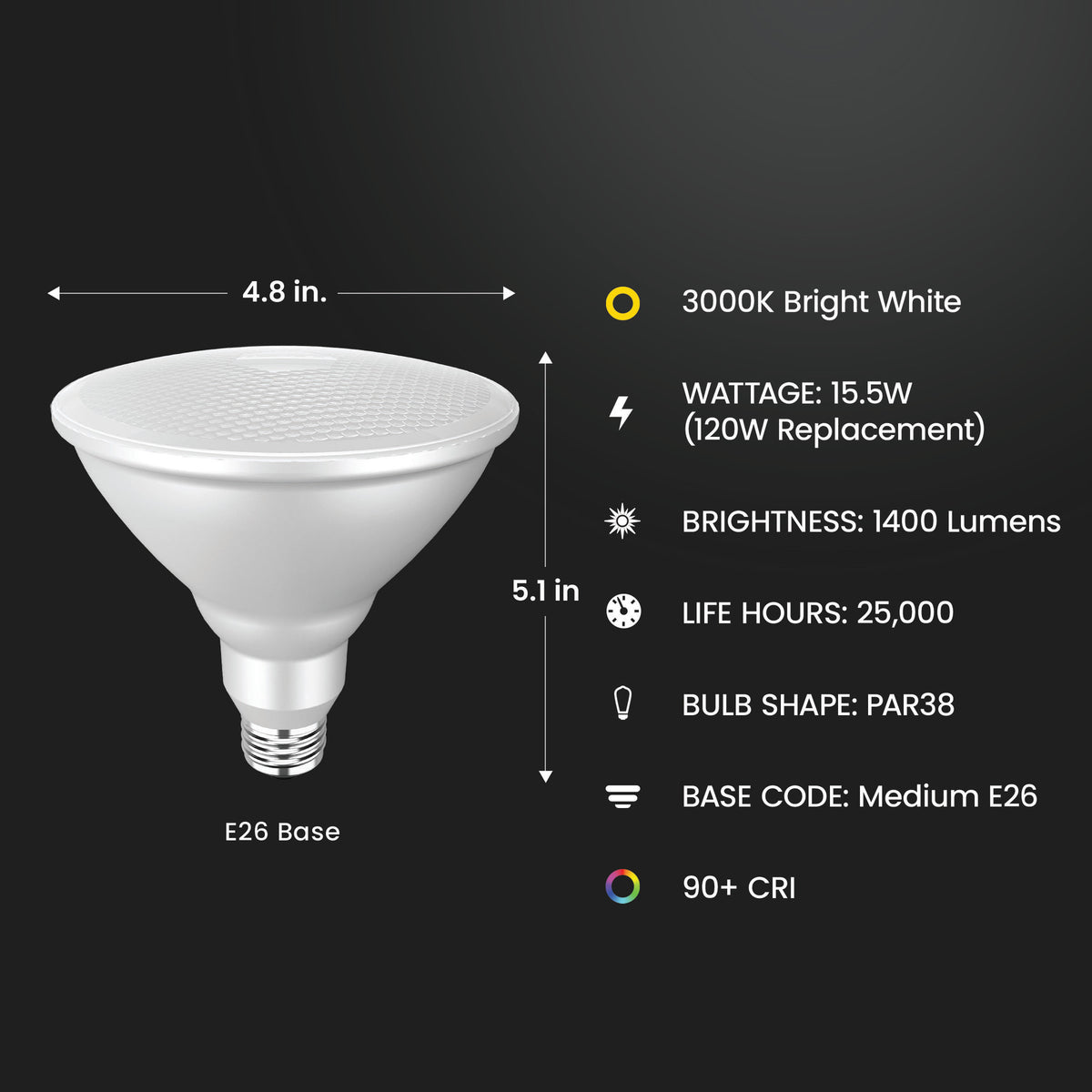15.5W (120W Replacement) Bright White (3000K) PAR38 Dimmable Enhance Reflector LED