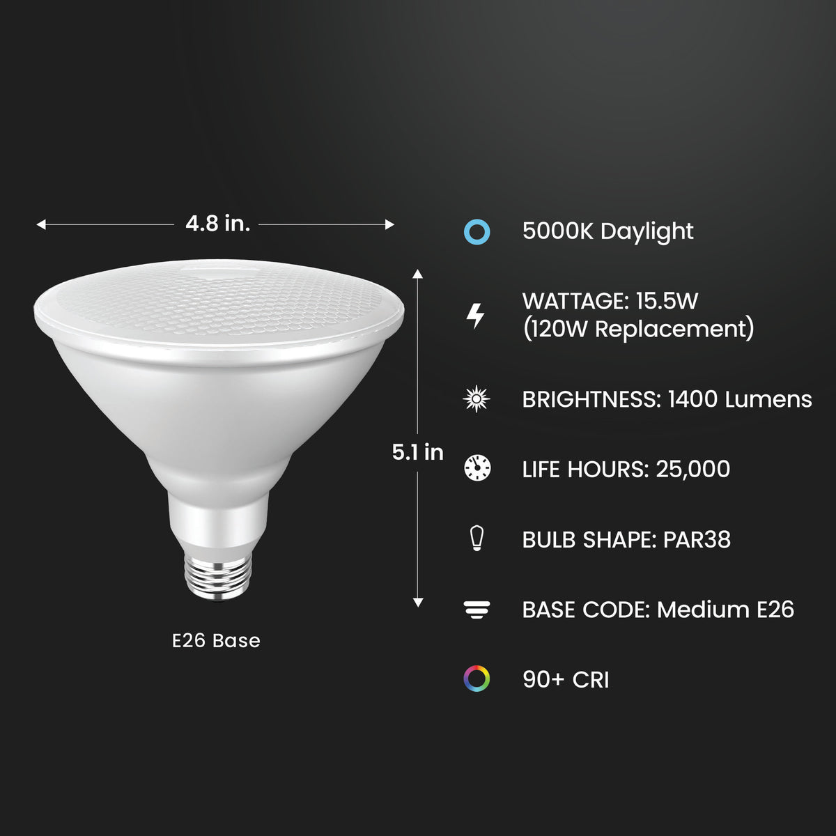 15.5W (120W Replacement) Daylight (5000K) E26 Base PAR38 Dimmable Enhance Reflector LED