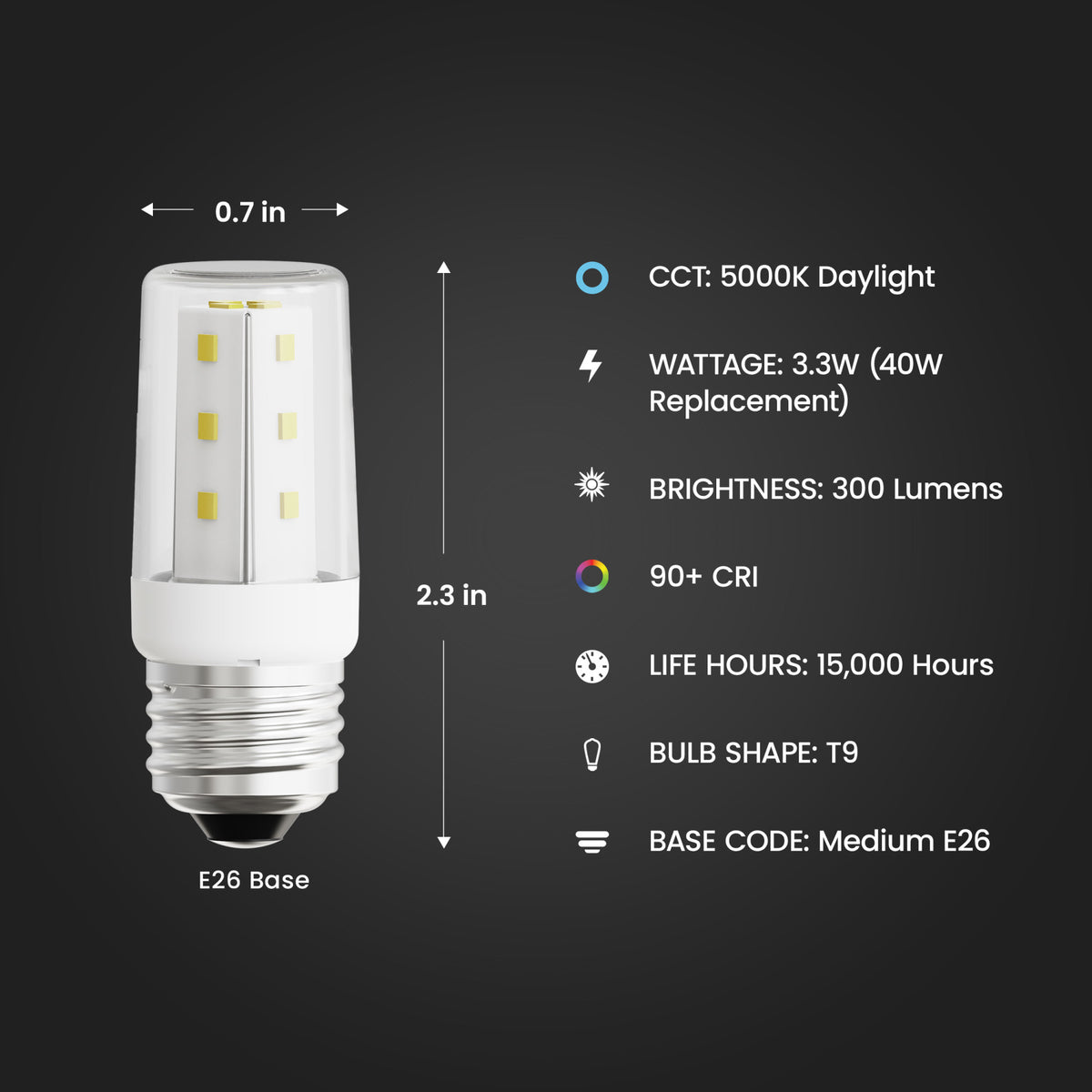 3.3W (40W Replacement) Daylight (5000K) E26 Base T9 Non-Dimmable Appliance LED