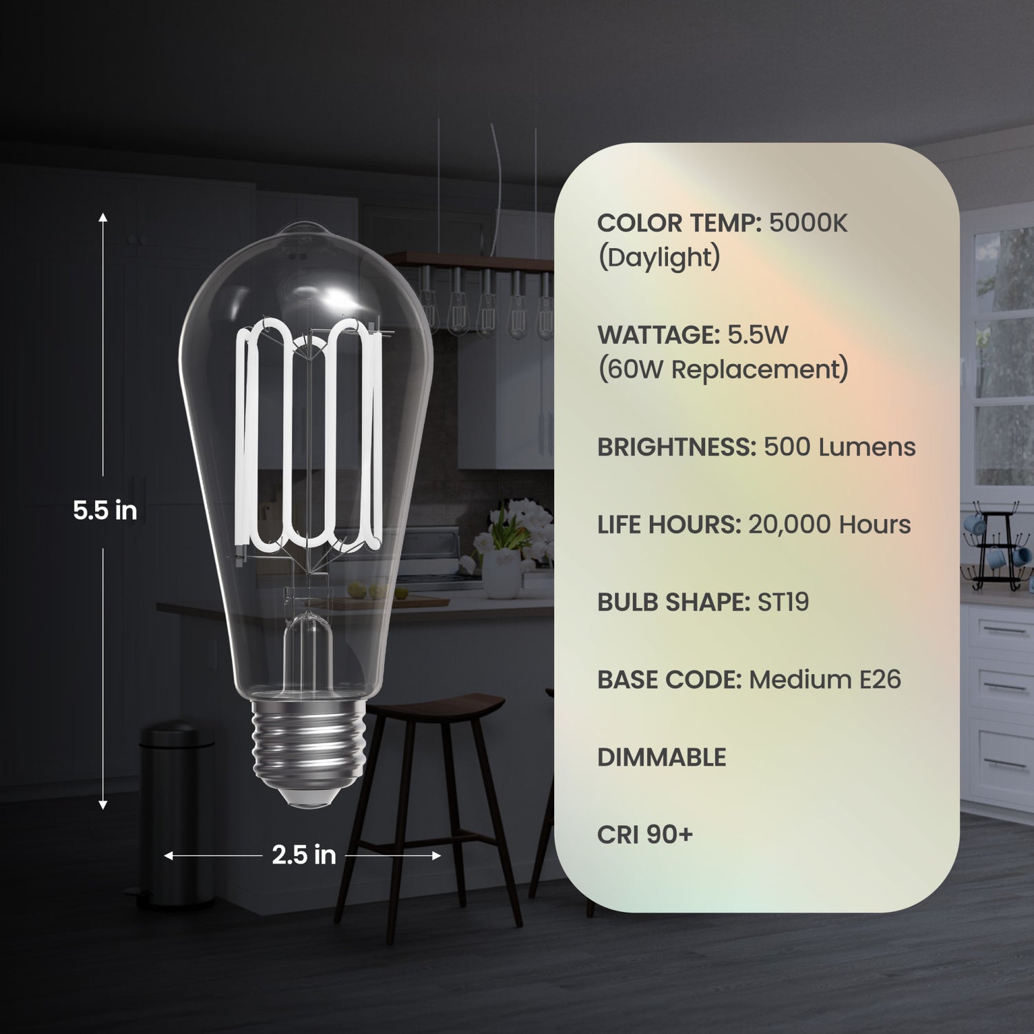 5.5W (60W Replacement) ST19 E26 Dimmable Designer Wound White Filament Edison LED Bulb, Daylight (2-Pack)