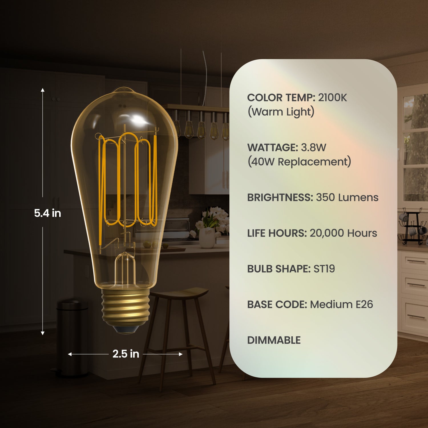 3.8W (40W Replacement) Amber ST19 E26 Dimmable Vintage Wound Filament Edison LED Bulb, Warm Light (2-Pack)