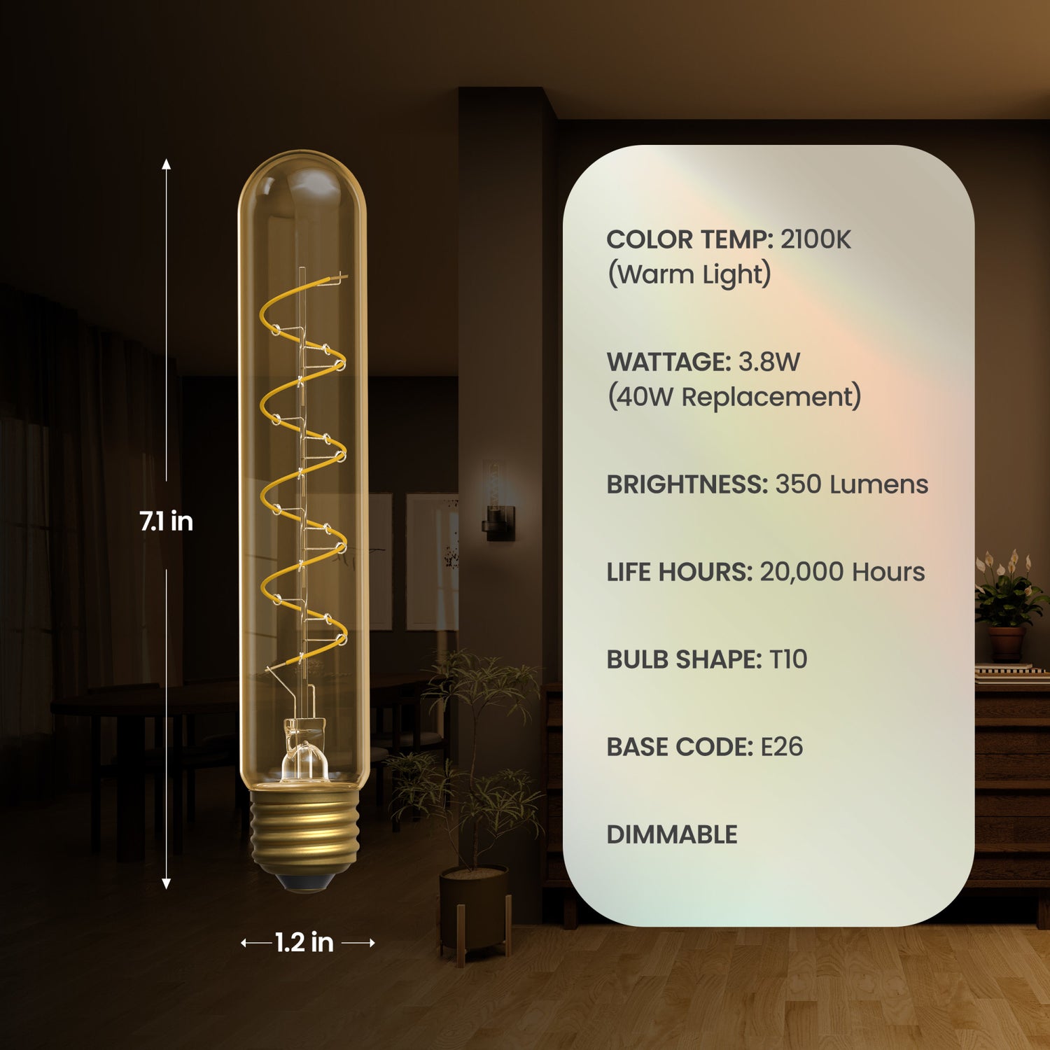 3.8W (40W Replacement) Amber T10 E26 Dimmable Spiral Filament LED Bulb, Warm Light (2-Pack)