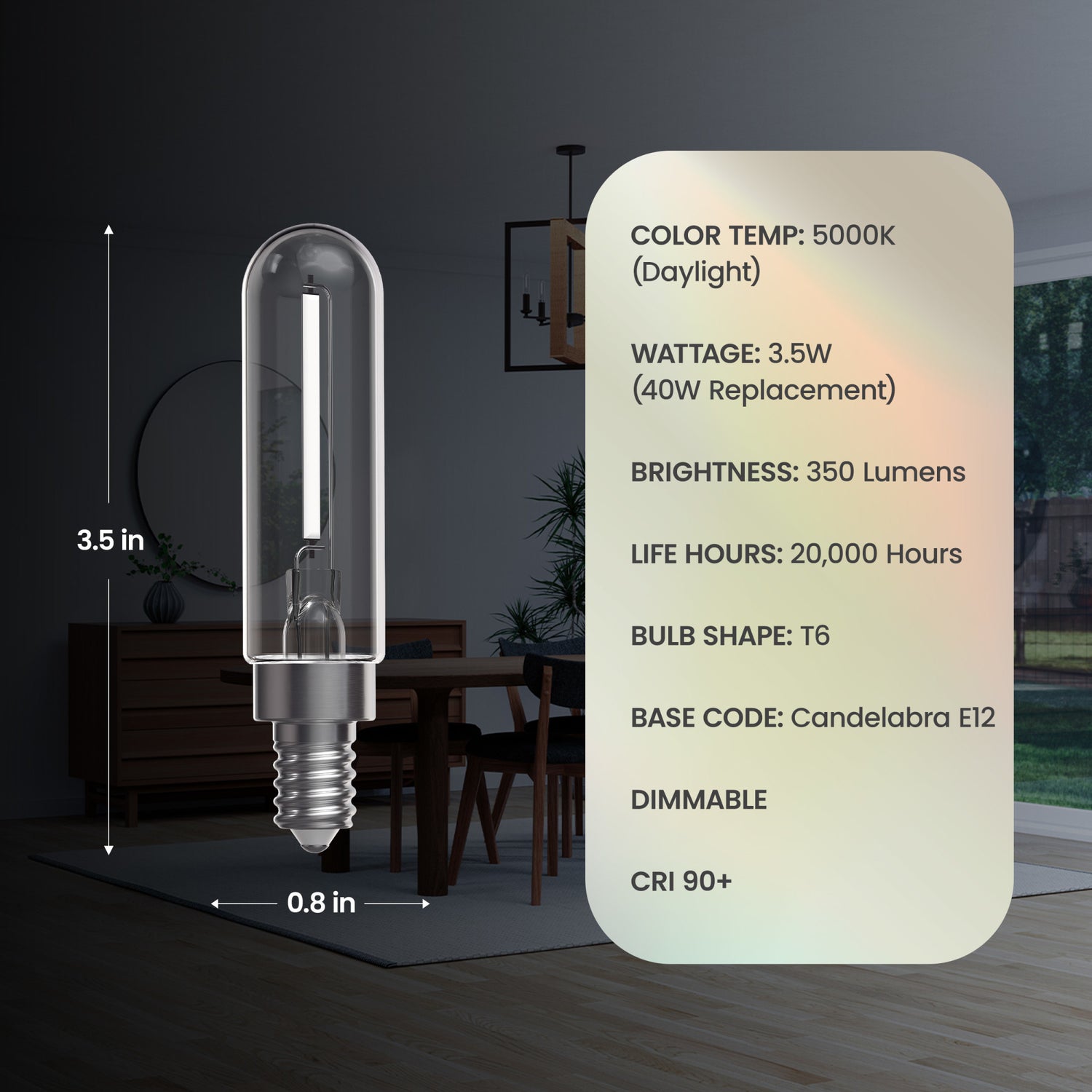 3.5W (40W Replacement) T6 E12 Dimmable Designer Single White Filament LED Bulb, Daylight (4-Pack)