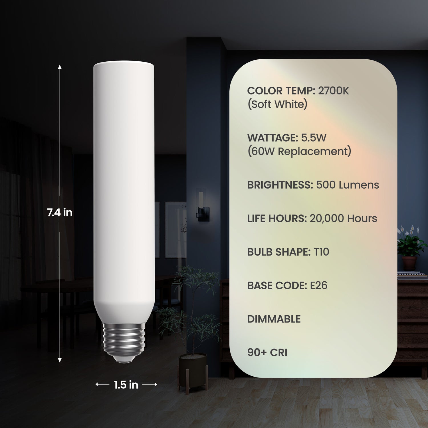 5.5W (60W Replacement) T10 E26 Dimmable Porcelain LED Bulb, Daylight (2-Pack)