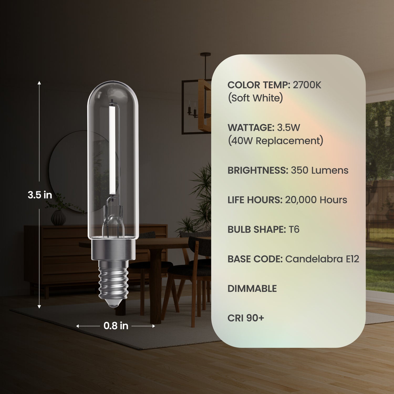 3.5W (40W Replacement) T6 E12 Dimmable Designer Single White Filament LED Bulb, Soft White (4-Pack)