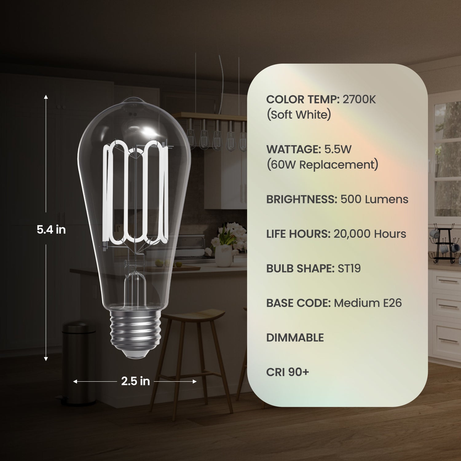 5.5W (60W Replacement) ST19 E26 Dimmable Designer Wound White Filament Edison LED Bulb, Soft White (2-Pack)
