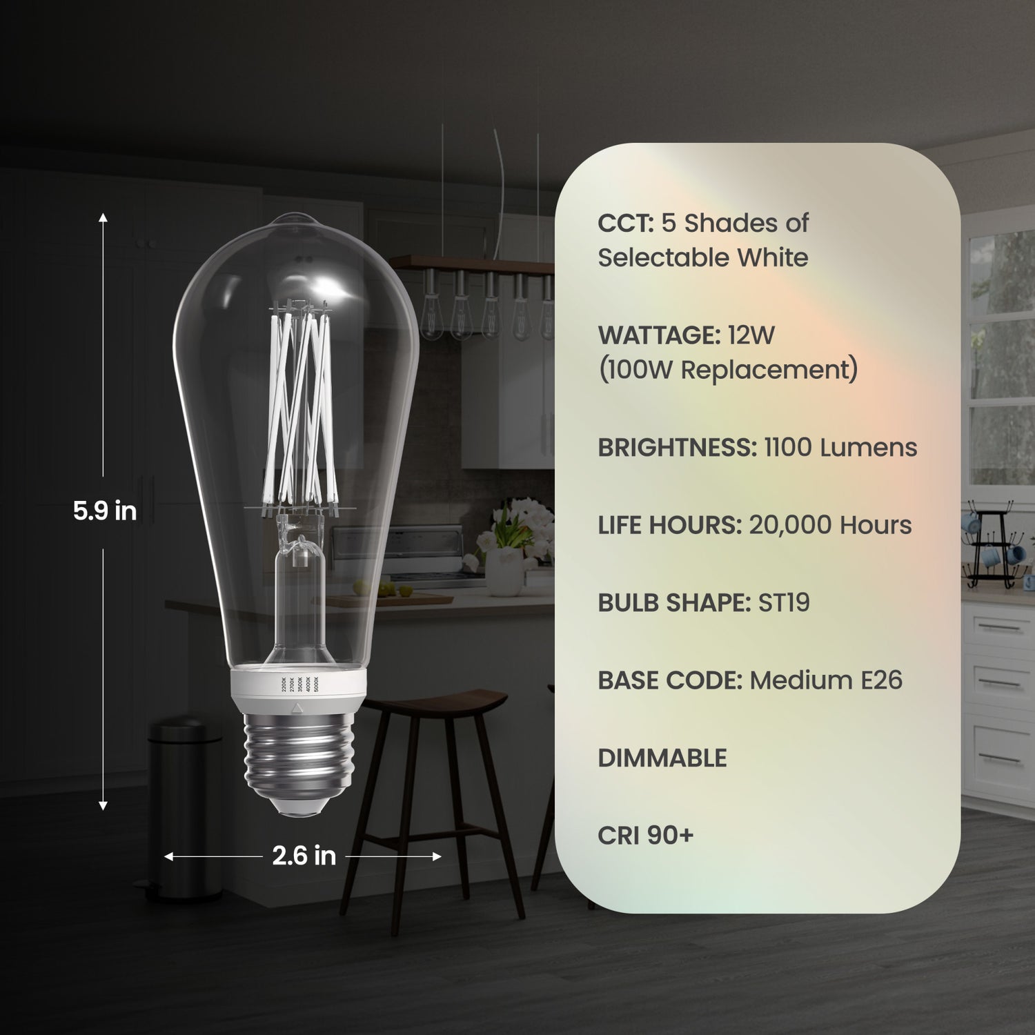 12W (100W Replacement) Twist & Select ST19 E26 Dimmable White Filament Clear Edison LED Bulb