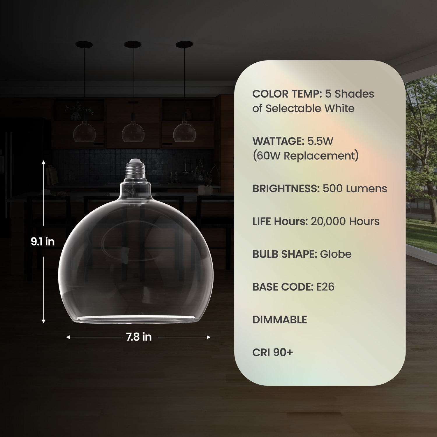 5.5W (60W Replacement) Clear Globe E26 Dimmable White Filament LED Bulb, Selectable White