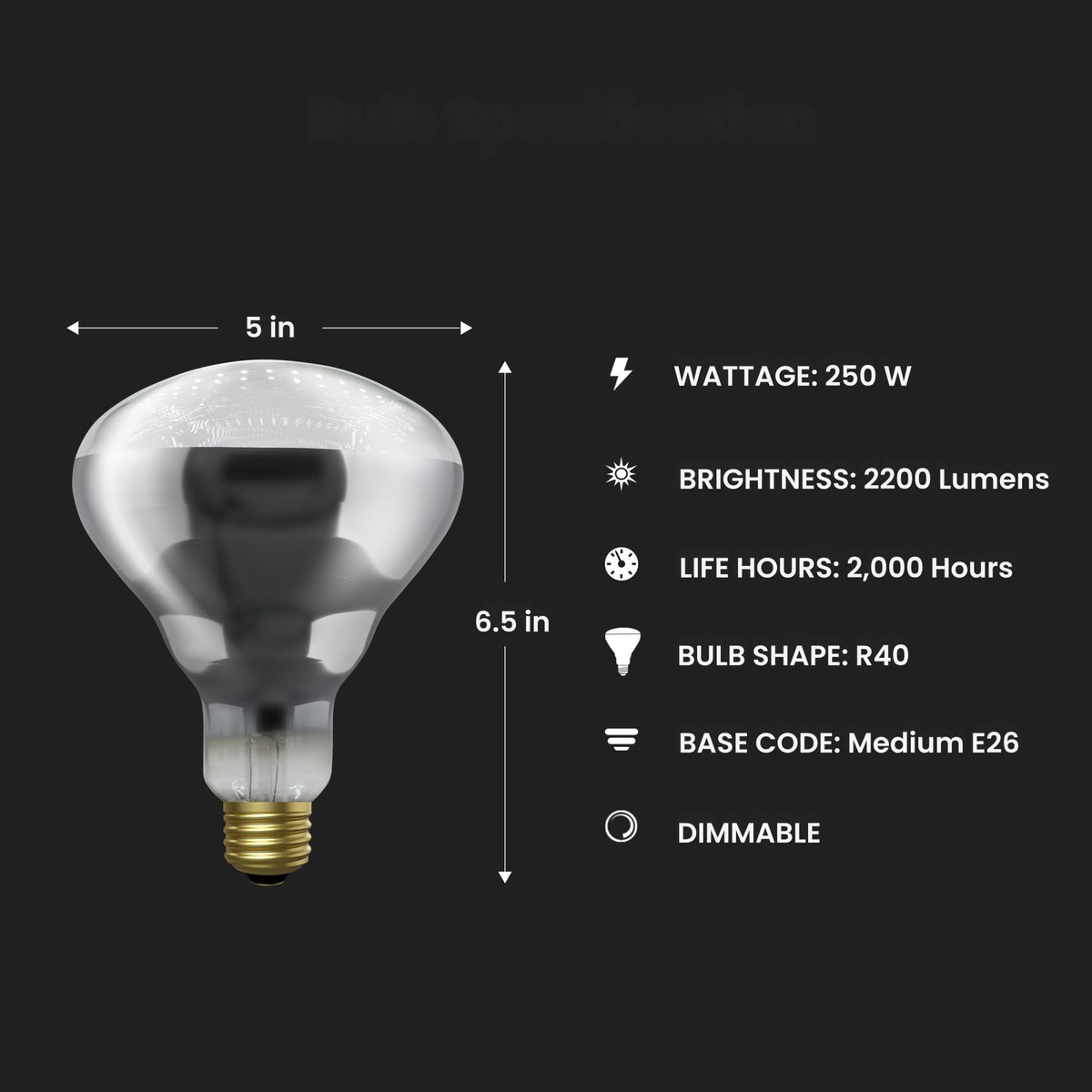 250W Clear Incandescent BR40 Dimmable Heat Lamp Reflector