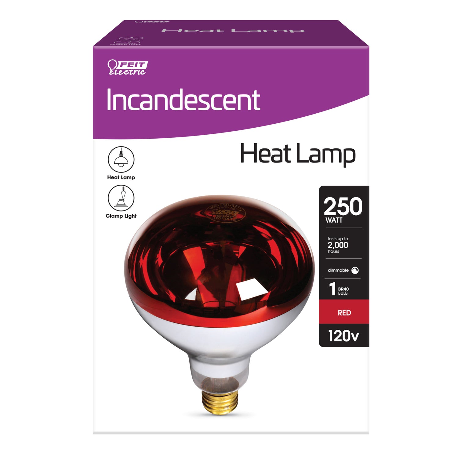 250W Red Incandescent R40 Dimmable Heat Lamp Reflector