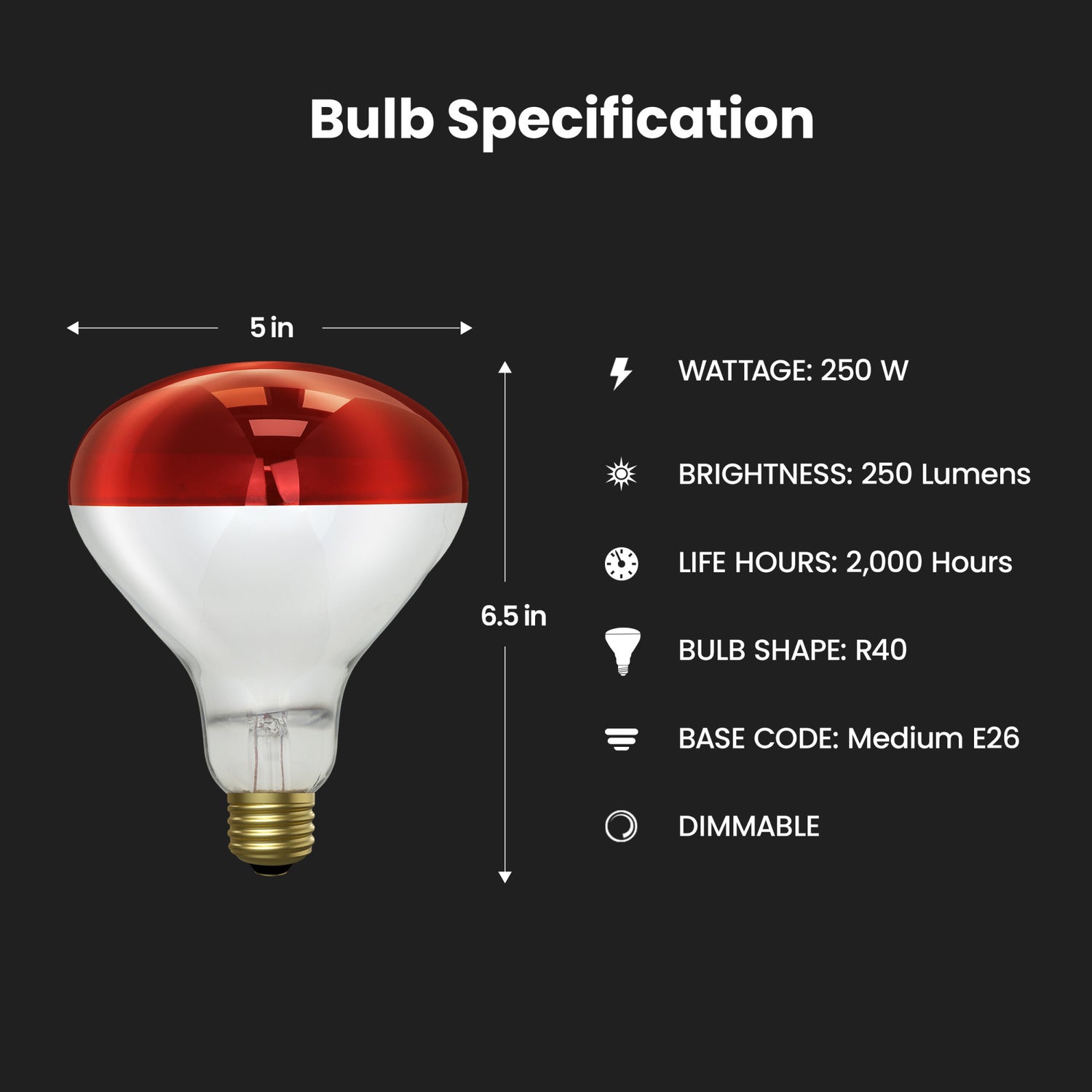 250W Red Incandescent R40 Dimmable Heat Lamp Reflector