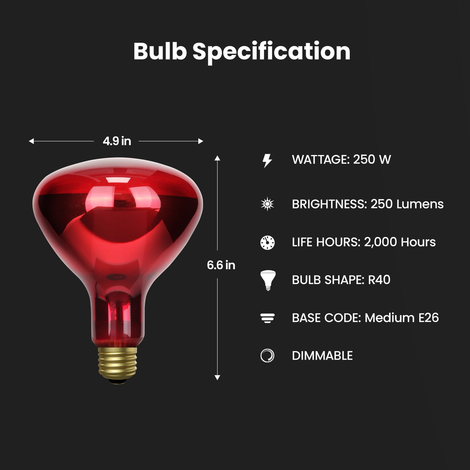 250W Red Incandescent R40 Dimmable Heat Lamp Reflector
