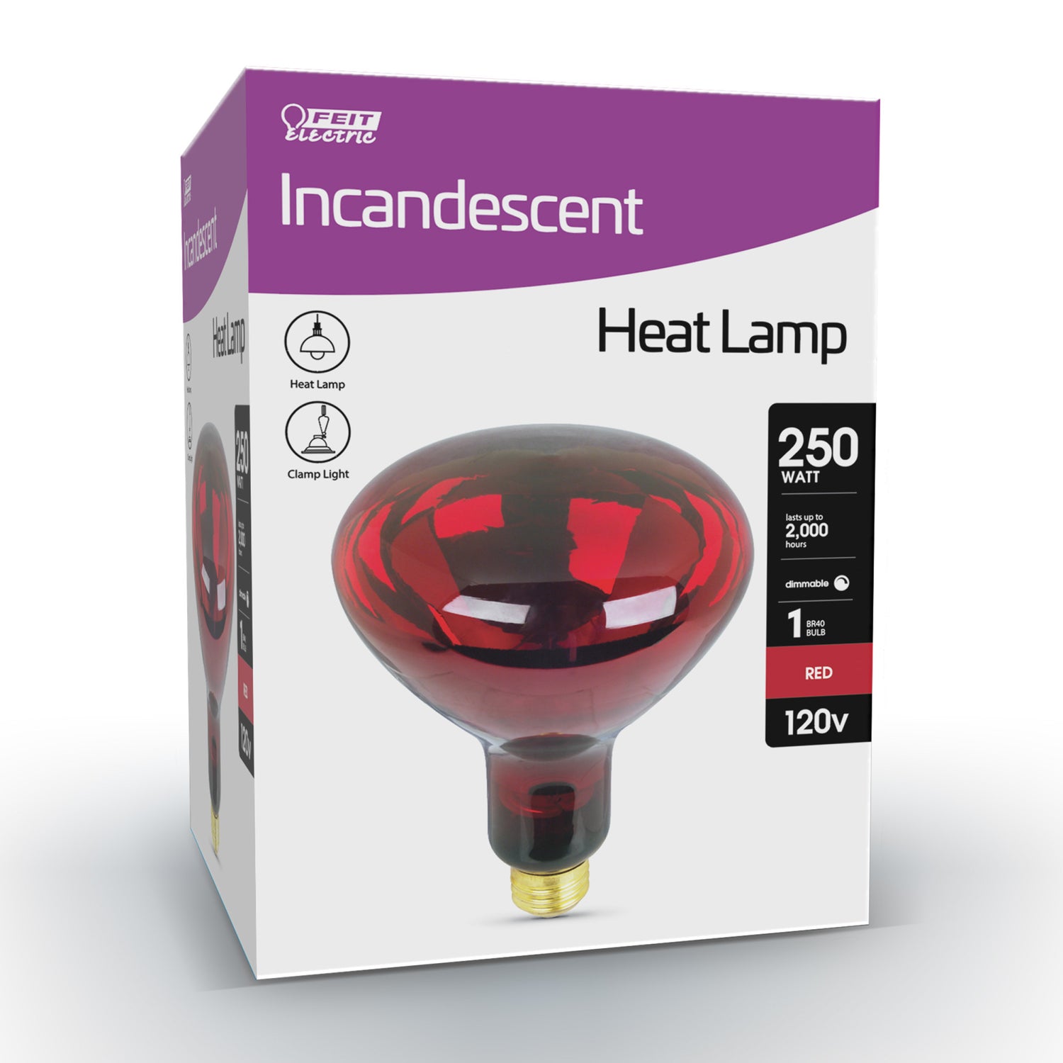 250W Red Incandescent R40 Dimmable Heat Lamp Reflector
