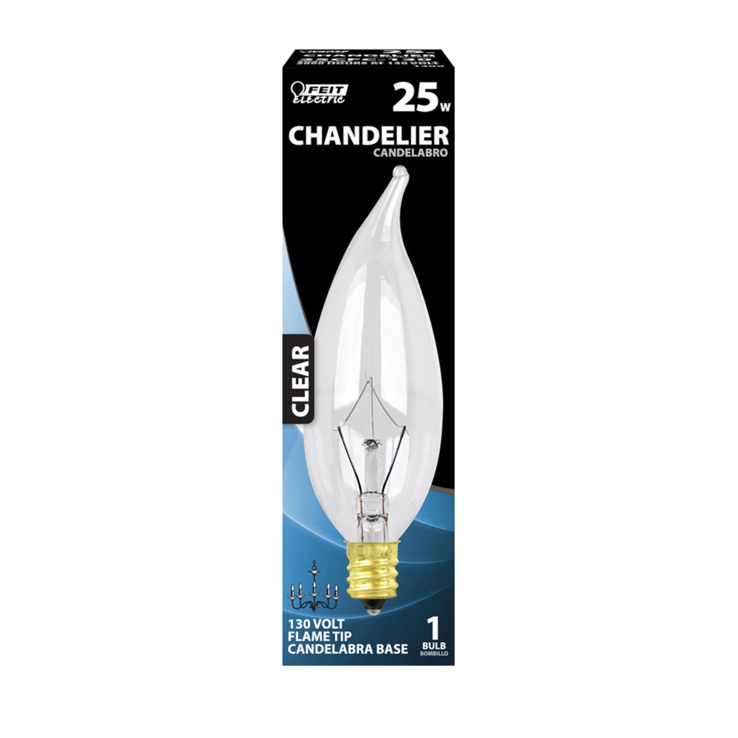 25W Soft White (2700K) Clear Flame Tip Chandelier Dimmable Incandescent Light Bulb