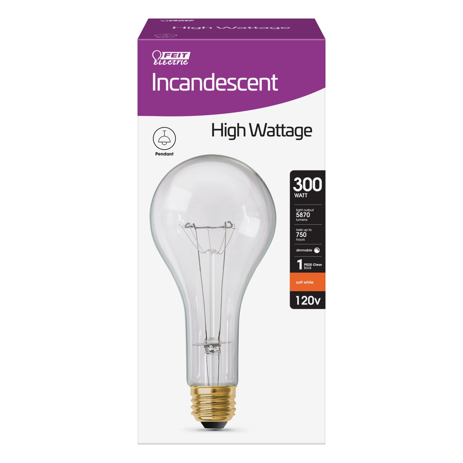 300W Soft White (3000K) Medium E26 Base PS25 High Lumen Clear Utility Incandescent Light Bulb