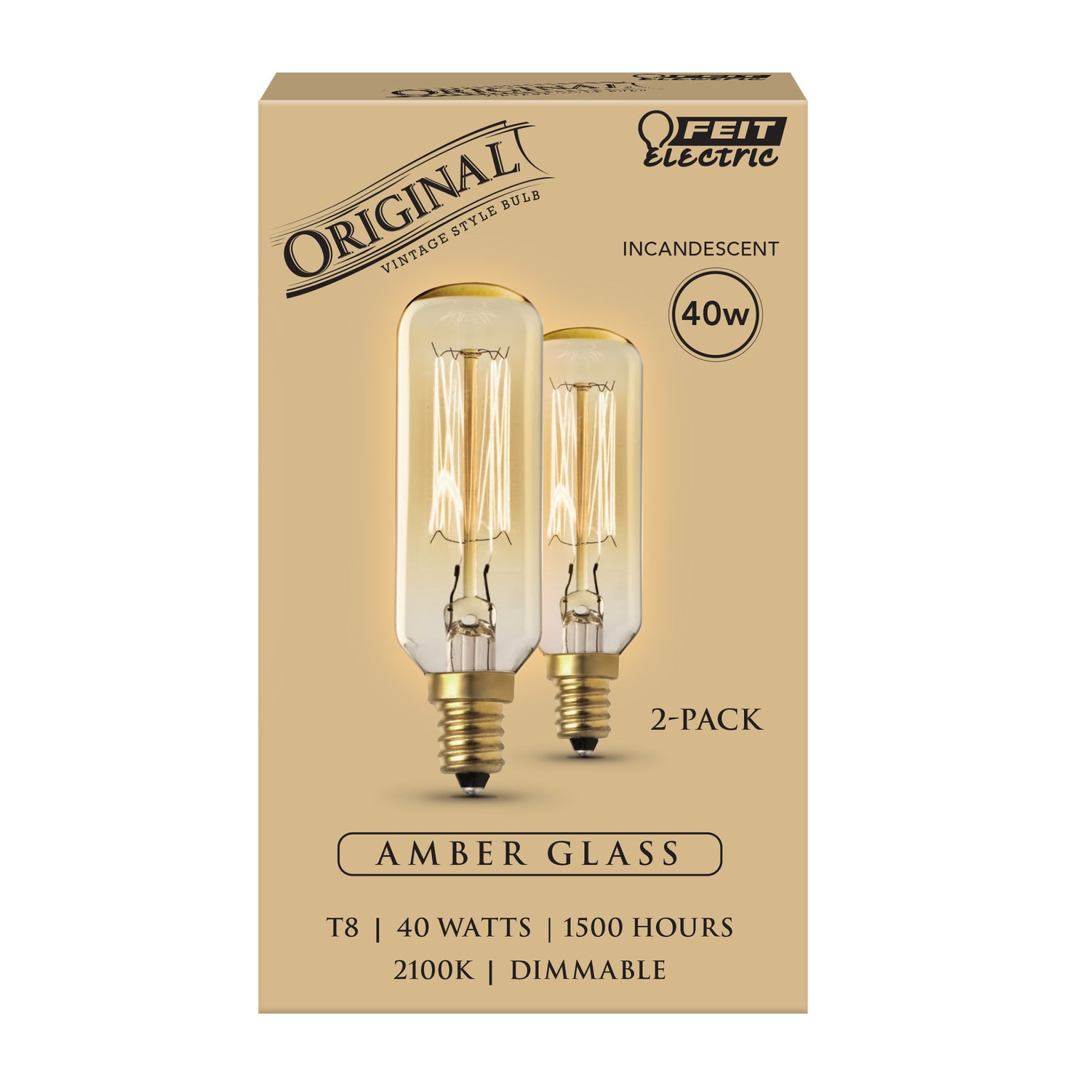 40W Replacement T8 E12 Dimmable Filament Amber Glass Vintage Edison Incandescent Light Bulb, Soft White (2-Pack)