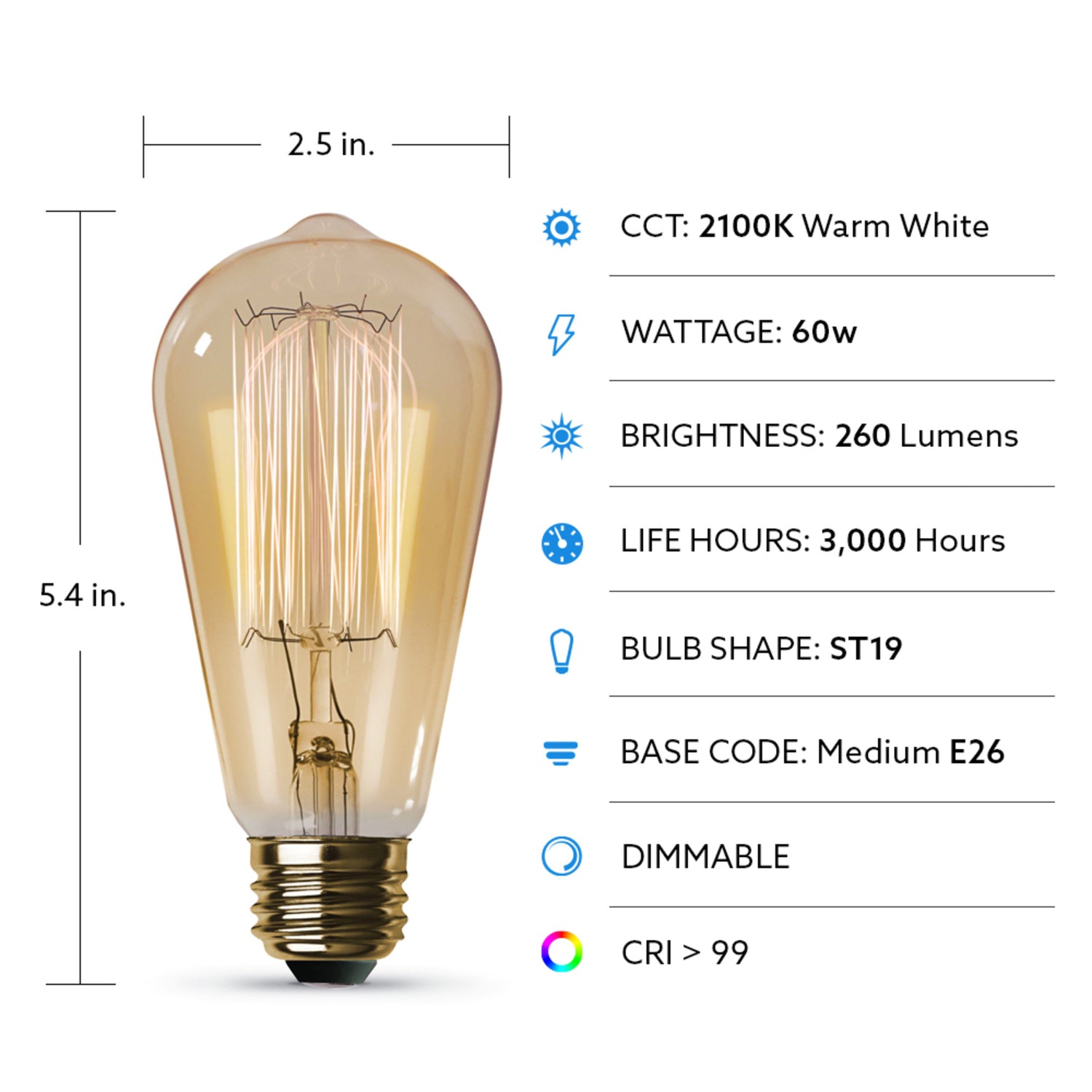 60W Replacement ST19 E26 Dimmable Filament Amber Glass Vintage Edison Incandescent Light Bulb, Warm White