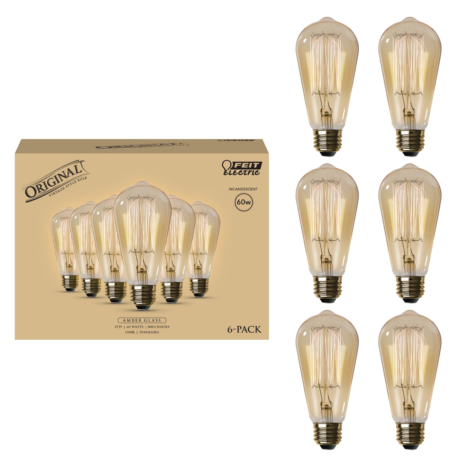 60W Replacement ST19 E26 Dimmable Cage Filament Amber Glass Vintage Edison Incandescent Light Bulb, Warm White (6-Pack)