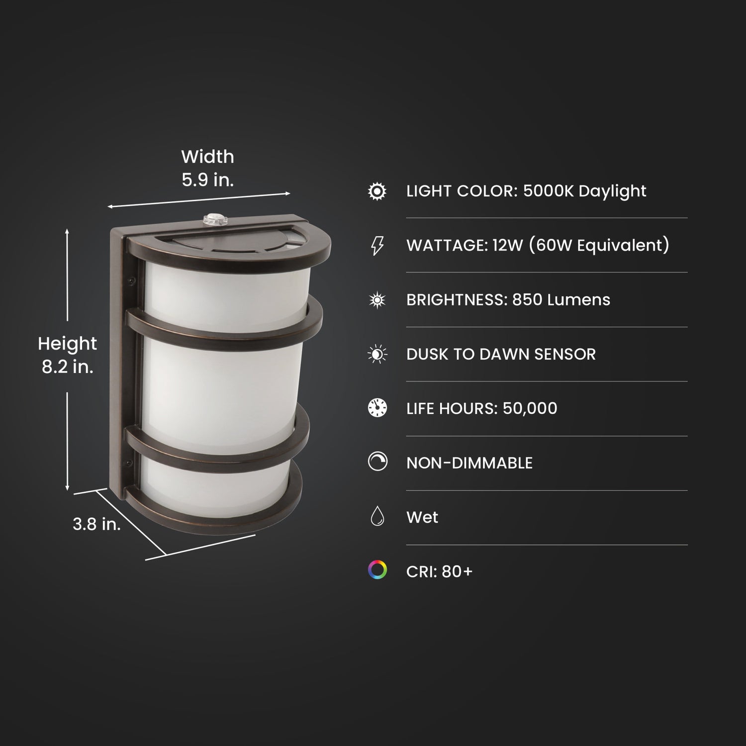 12W (60W Replacement) Daylight (5000K) Bronze LED Dusk to Dawn Security Wall Light