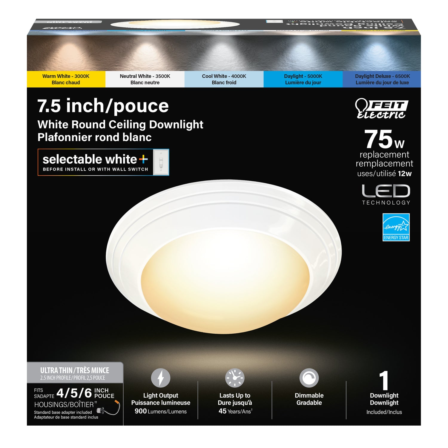 7.5 in. 12W (75W Replacement) Color Selectable Round LED Ceiling Downlight, White