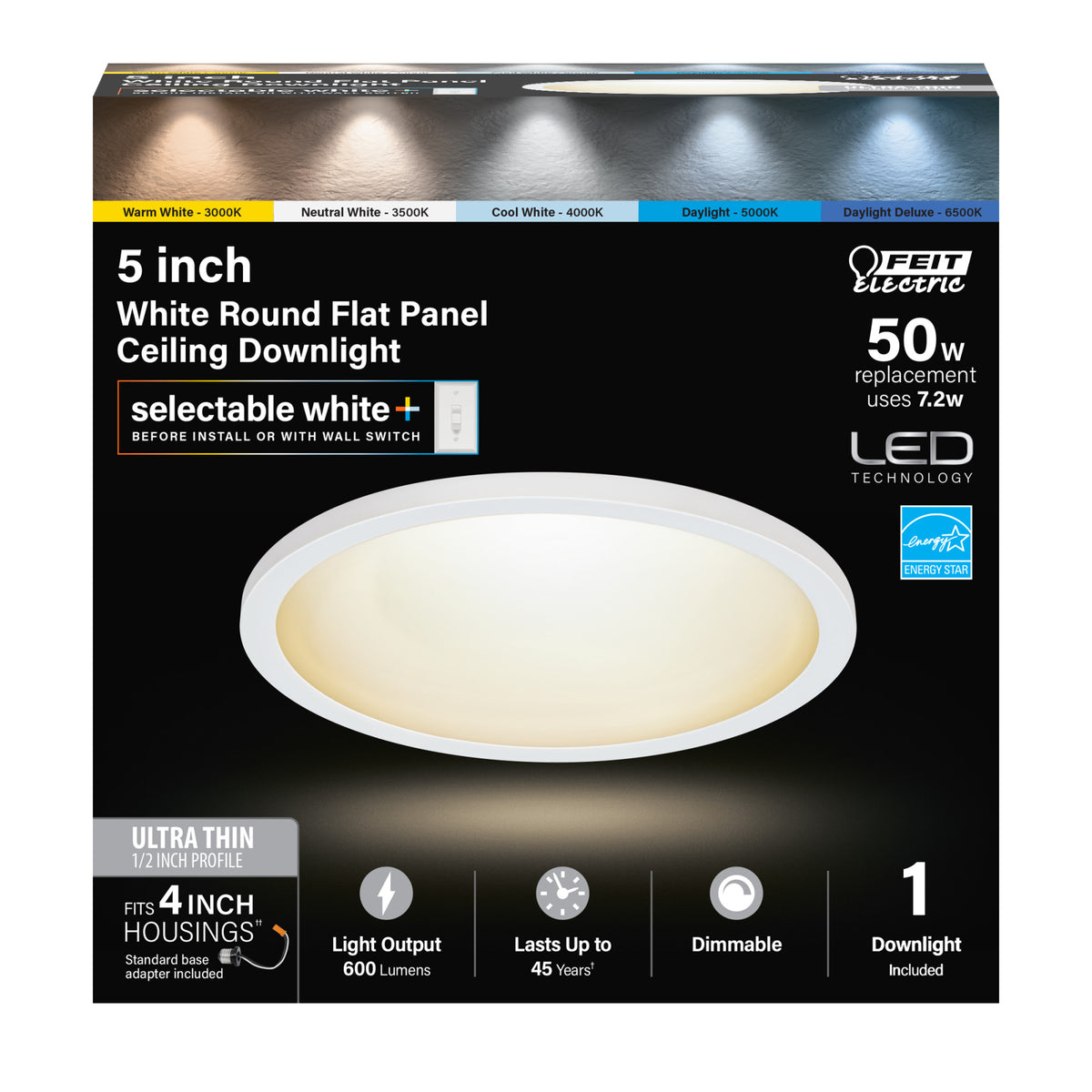 5 in. Round 7.2W (50W Replacement) Selectable White Dimmable LED Flat Panel Ceiling Downlight with Switch Mode, White