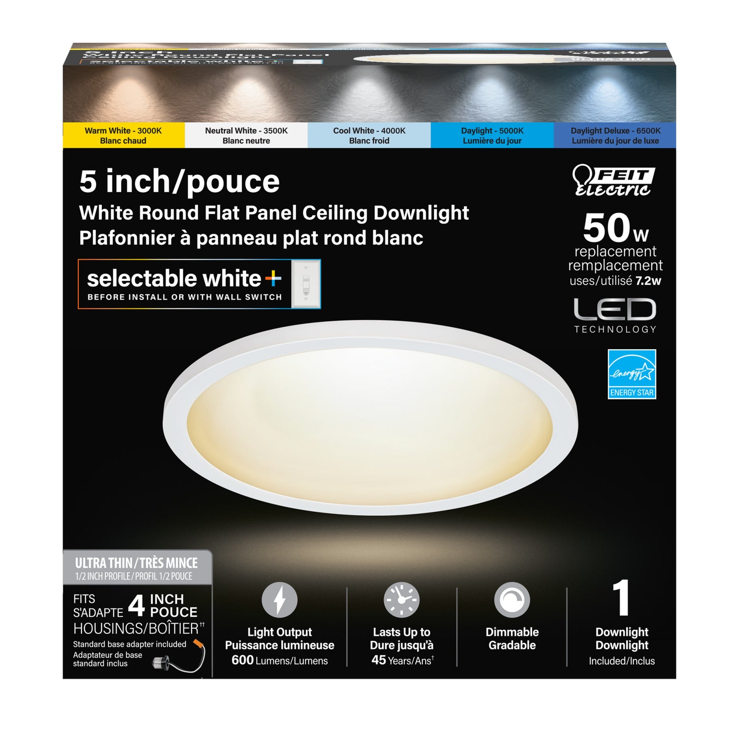 5 in. Round 7.2W (50W Replacement) Selectable White Dimmable LED Flat Panel Ceiling Downlight with Switch Mode, White