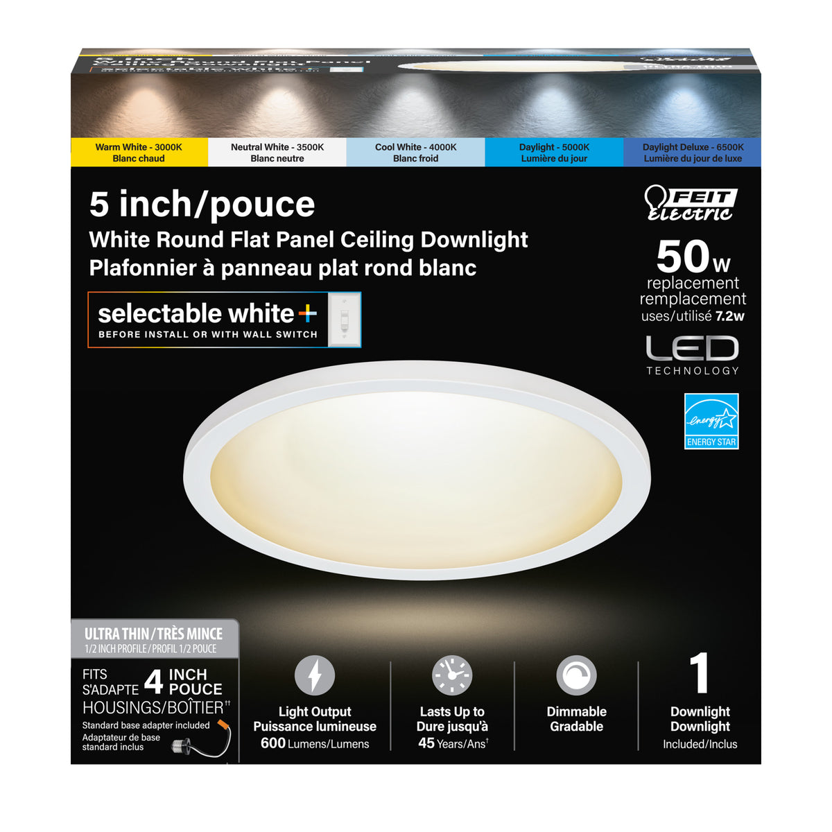 5 in. Round 7.2W (50W Replacement) Selectable White Dimmable LED Flat Panel Ceiling Downlight with Switch Mode, White