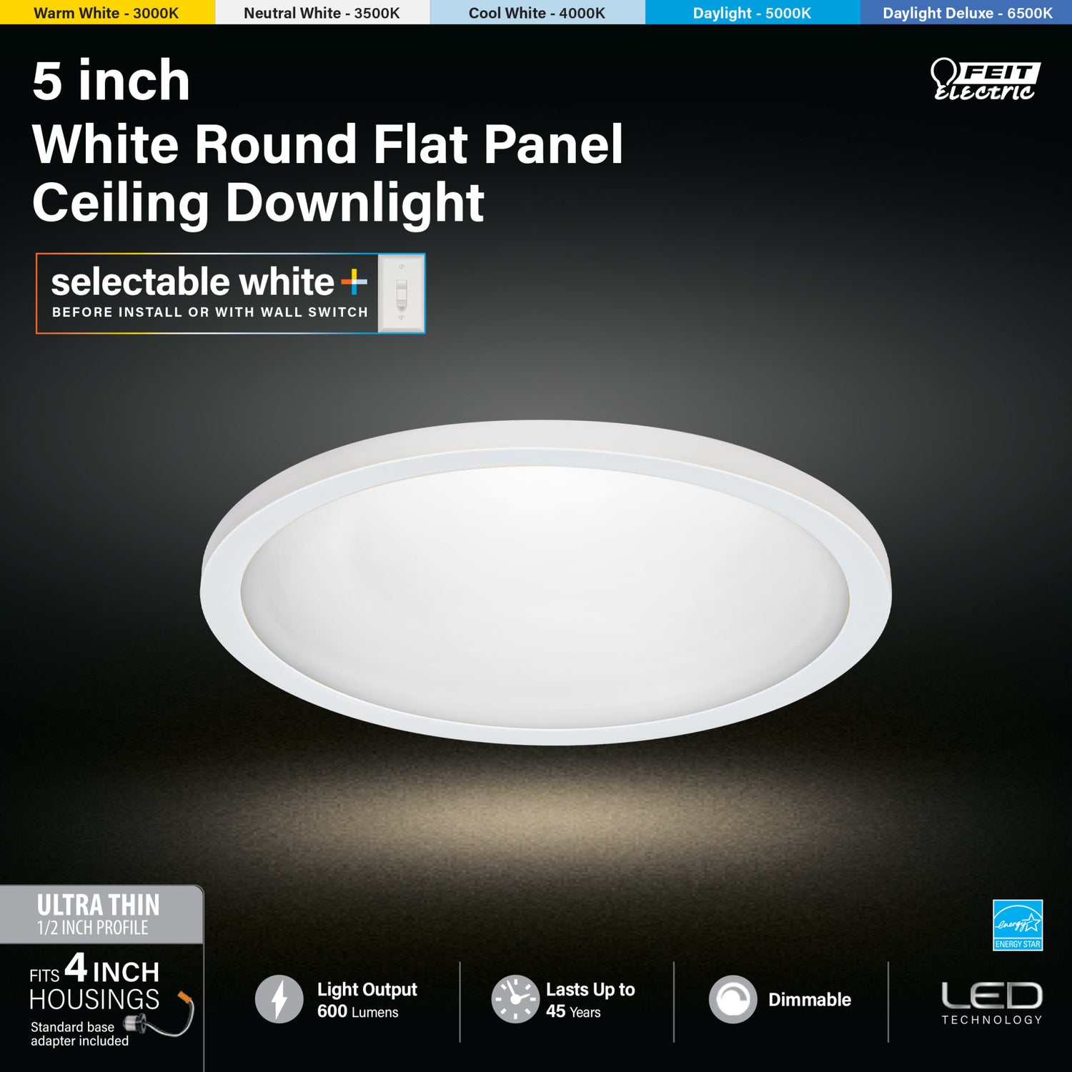 5 in. Round 7.2W (50W Replacement) Selectable White Dimmable LED Flat Panel Ceiling Downlight with Switch Mode, White