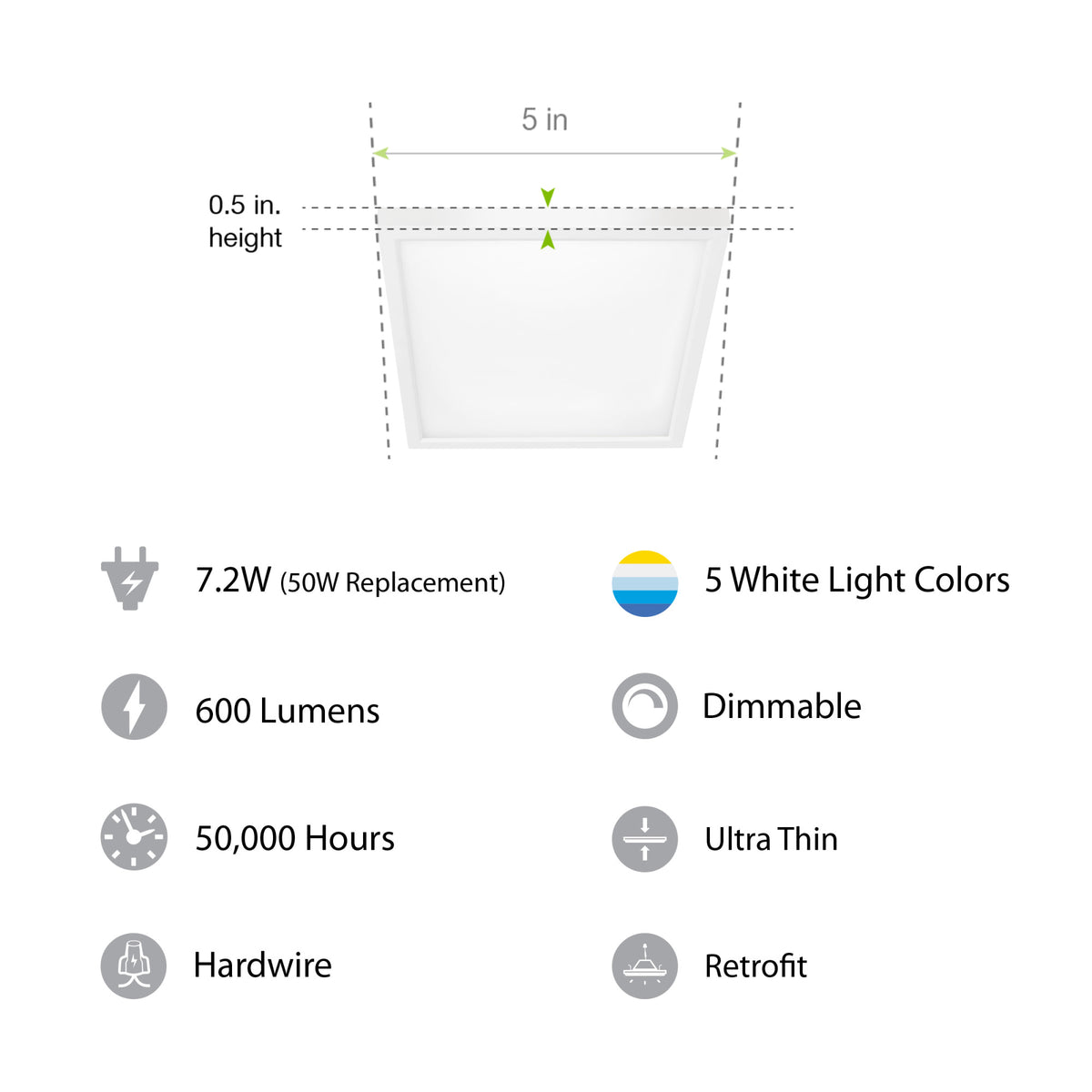 5 in. 7.2W (50W Replacement) Color Selectable (5CCT) White Square Flat Panel Ceiling Downlight with Switch Mode