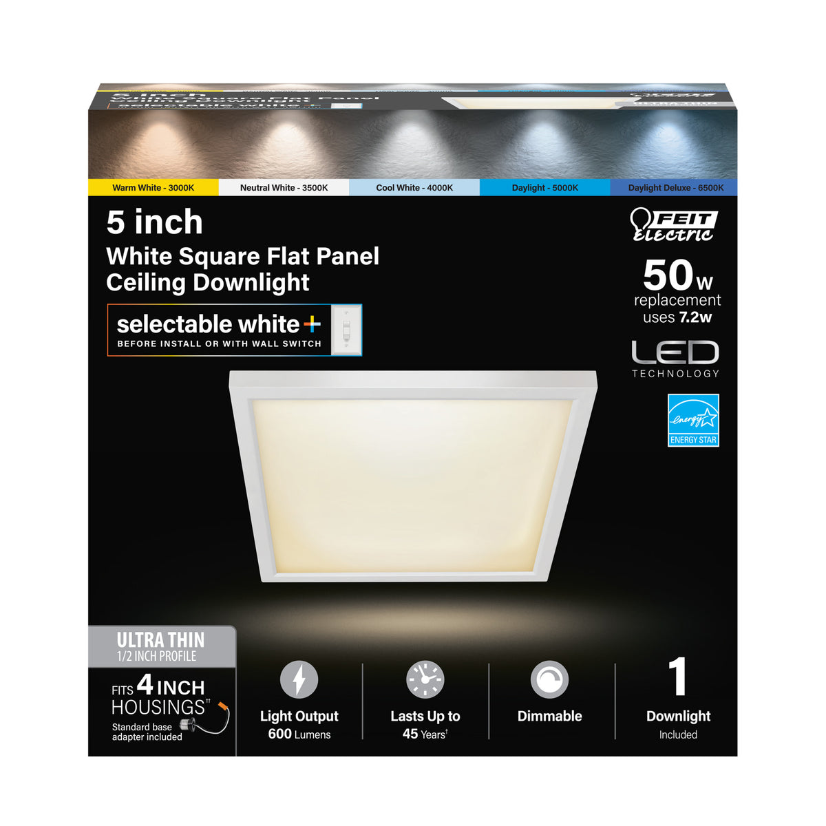 5 in. 7.2W (50W Replacement) Color Selectable (5CCT) White Square Flat Panel Ceiling Downlight with Switch Mode