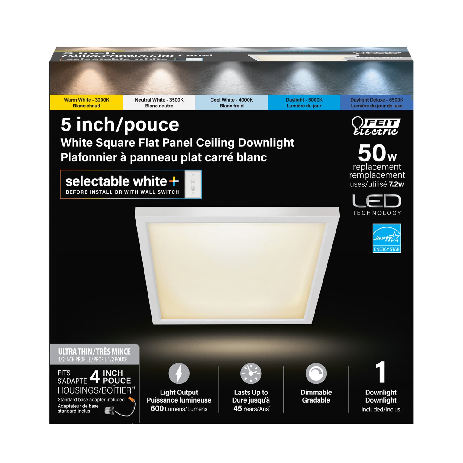 5 in. 7.2W (50W Replacement) Color Selectable (5CCT) White Square Flat Panel Ceiling Downlight with Switch Mode