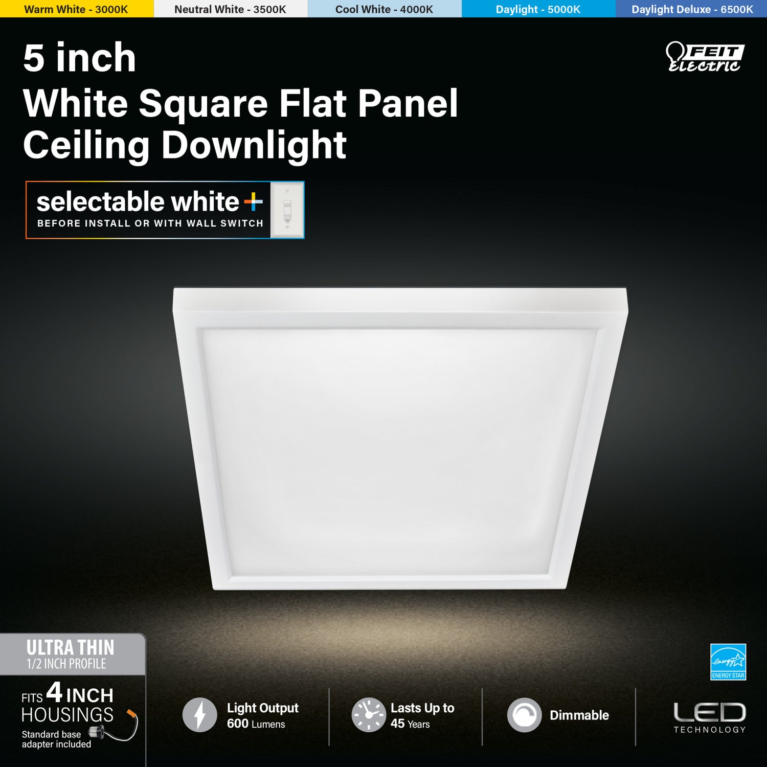 5 in. 7.2W (50W Replacement) Color Selectable (5CCT) White Square Flat Panel Ceiling Downlight with Switch Mode