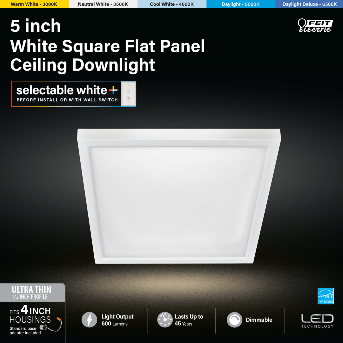 5 in. 7.2W (50W Replacement) Color Selectable (5CCT) White Square Flat Panel Ceiling Downlight with Switch Mode