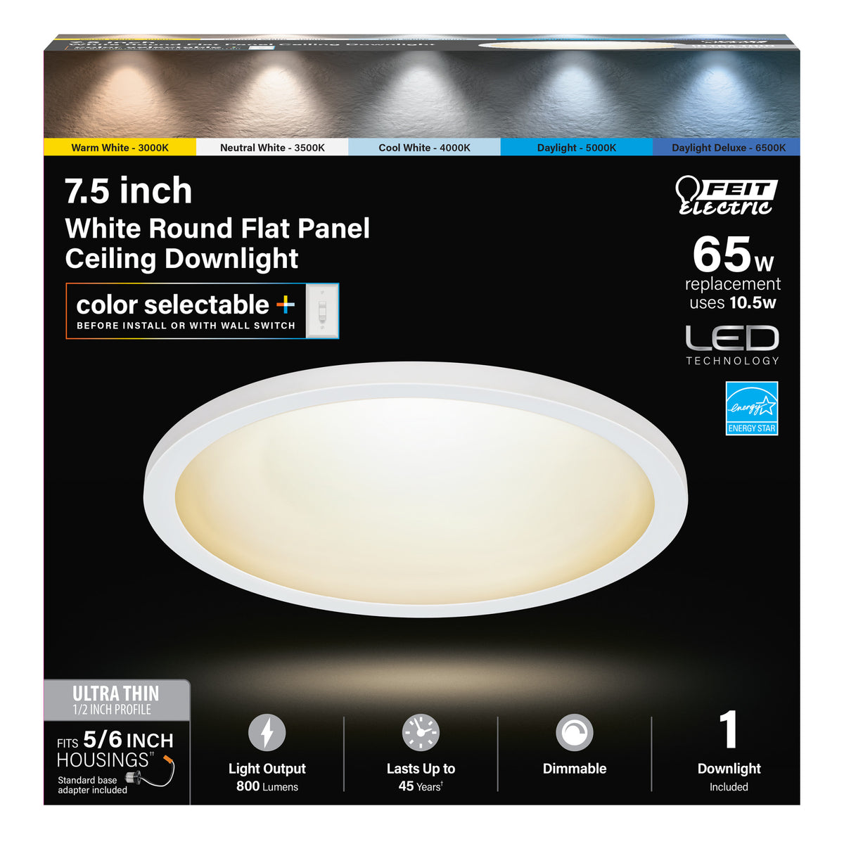 7.5 in. 10.5W (65W Replacement) Color Selectable (5CCT) White Round Flat Panel Ceiling Downlight with Switch Mode