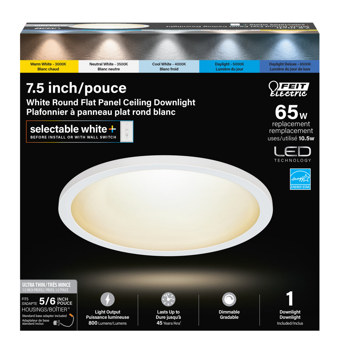 7.5 in. 10.5W (65W Replacement) Color Selectable (5CCT) White Round Flat Panel Ceiling Downlight with Switch Mode