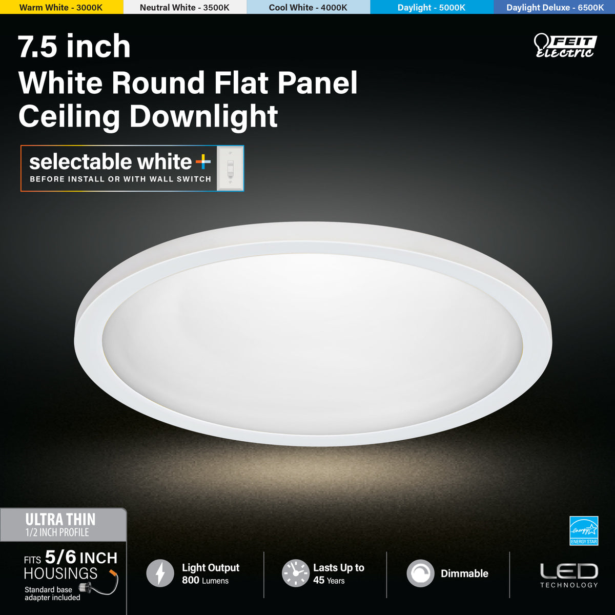 7.5 in. 10.5W (65W Replacement) Color Selectable (5CCT) White Round Flat Panel Ceiling Downlight with Switch Mode