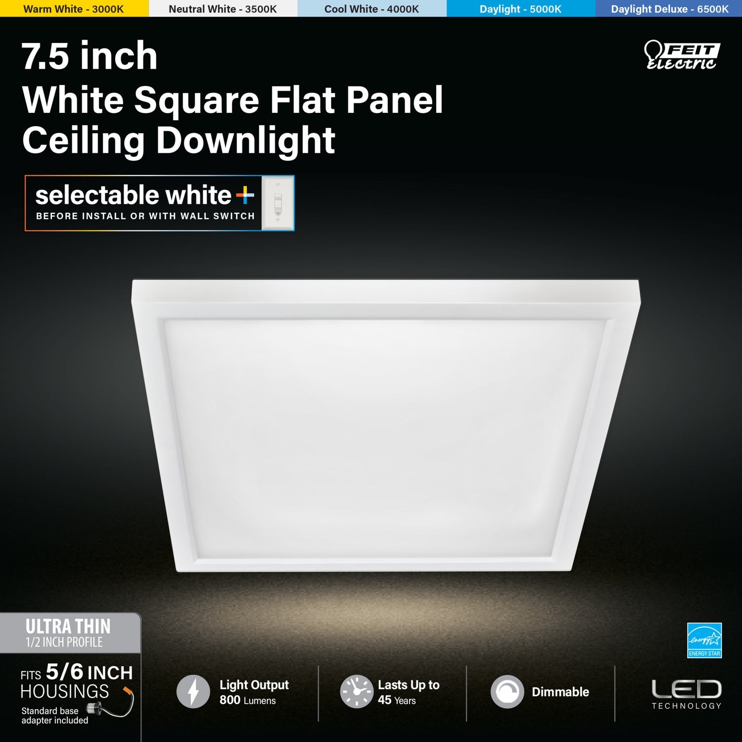 7.5 in. 10.5W (65W Replacement) Color Selectable (5CCT) White Square Flat Panel Ceiling Downlight