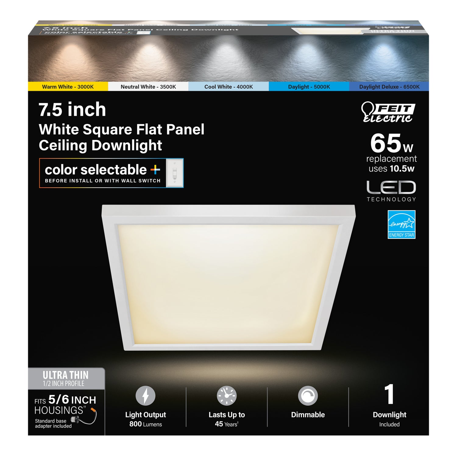 7.5 in. 10.5W (65W Replacement) Color Selectable (5CCT) White Square Flat Panel Ceiling Downlight