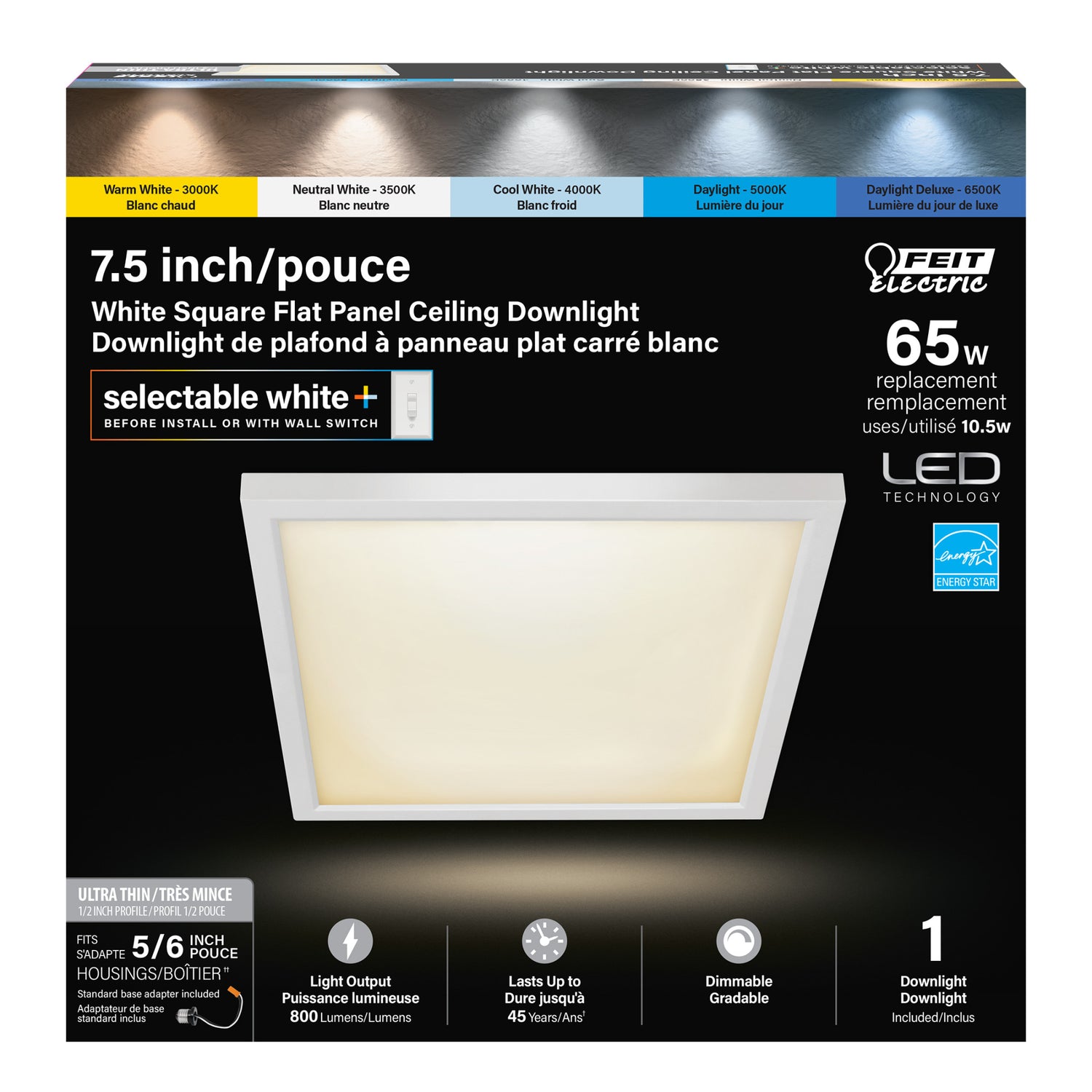 7.5 in. 10.5W (65W Replacement) Color Selectable (5CCT) White Square Flat Panel Ceiling Downlight