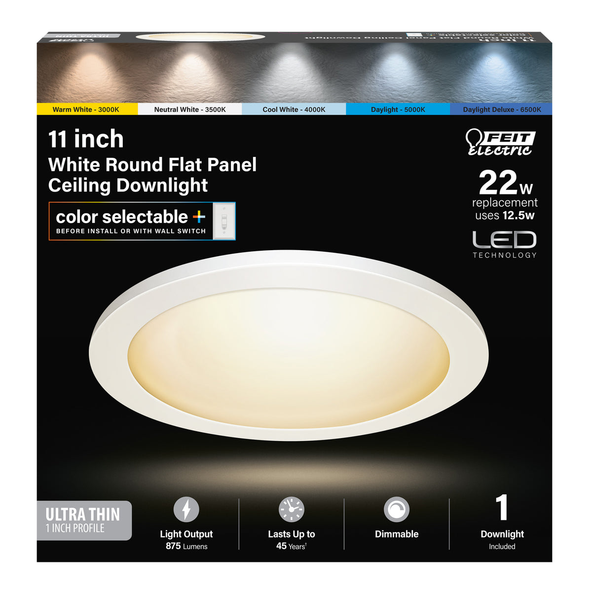 11 in. 12.5W (22W Replacement) Color Selectable (5CCT) White Round Flat Panel Ceiling Downlight with Switch Mode